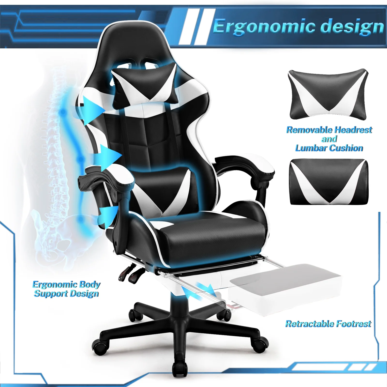 SOONTRANS Green Gaming Chair with Footrest, High Back Gamer Chair with Massage Lumbar Pillow, Gamer Computer Desk Chair (Green)