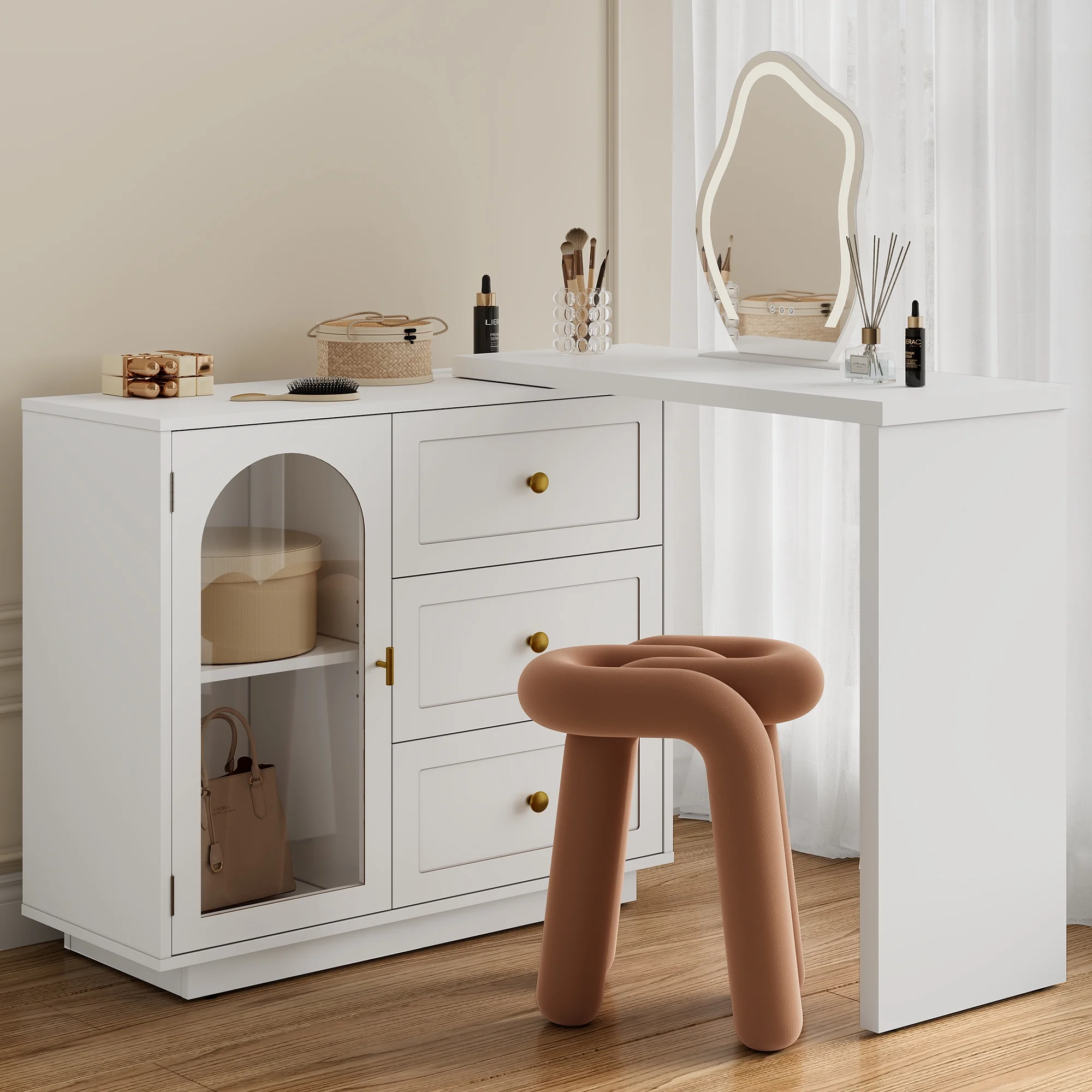 Heynemo Makeup Vanity with 3 Color Dimmable Lighted Hollywood Mirror, Vanity Table with 4 Drawers for Women Girls, Dressing Desk for Bedroom, Beauty Room, Brown