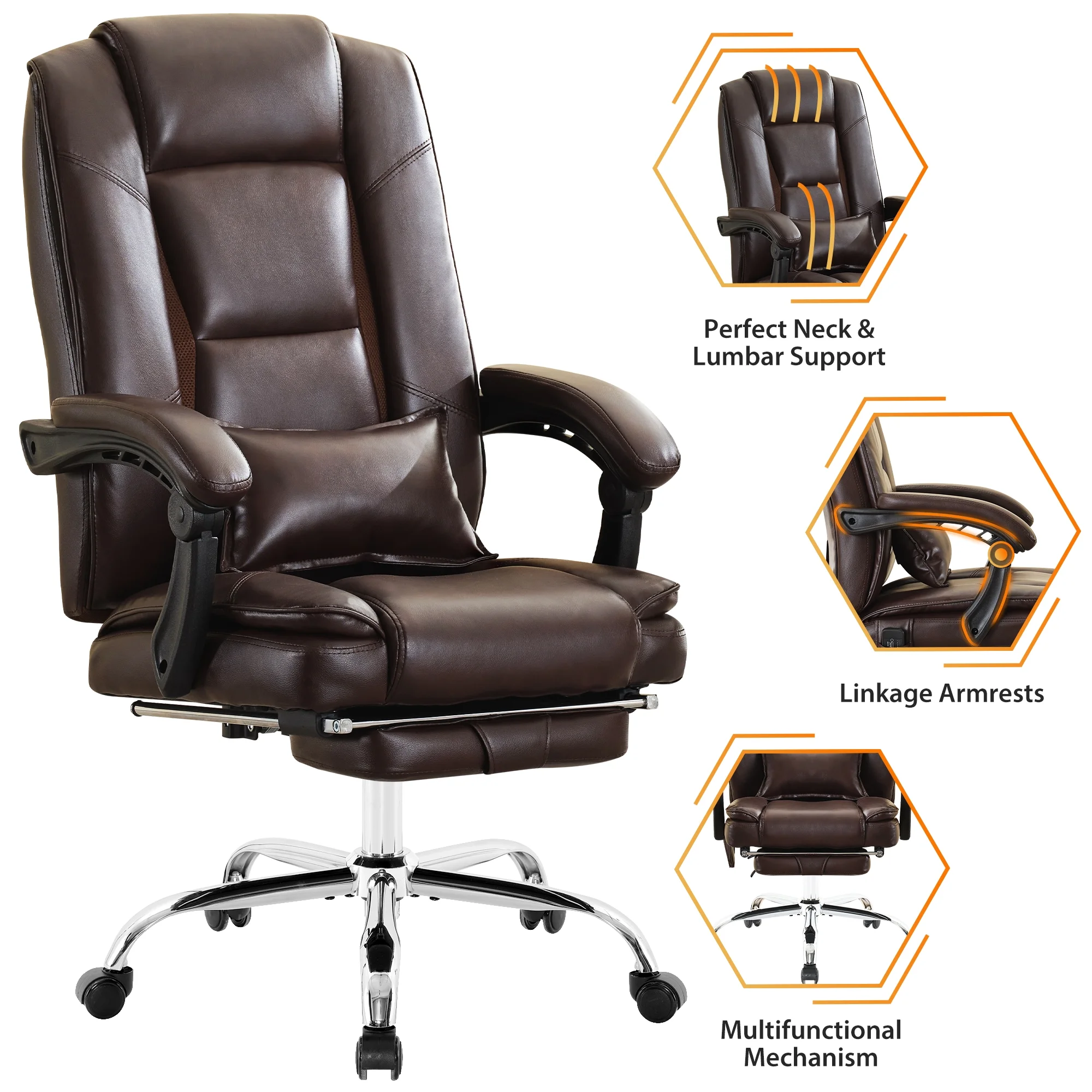 JONPONY Big and Tall Office Chair 500LBS Executive Office Chair Massage and Footrest Ergonomic Computer Desk Chair Reclining High Back Leather Office Chair Lumbar Back Support Swivel Rolling,Black
