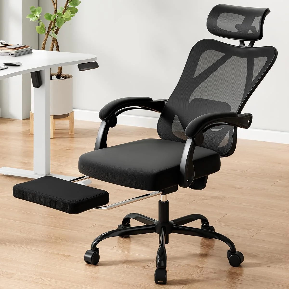 STARY Ergonomic Office Chair with Footrest, High Back Mesh Desk Chair with Adjustable Headrest & Lumbar Support, Comfortable Computer Chair for Home Office Study, White & Beige