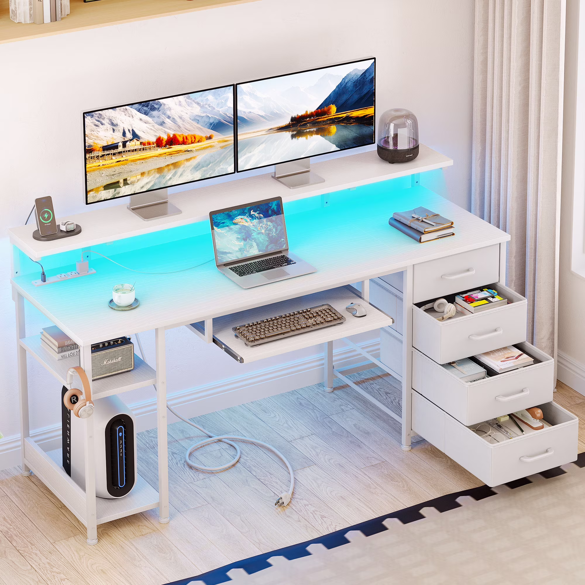 55 inch Office Desk with Power Outlet and Adjustable Monitor Stand, Computer Desk with Fabric Drawer and Keyboard Tray, Gaming Desk with LED Light & PC Stand, Vintage