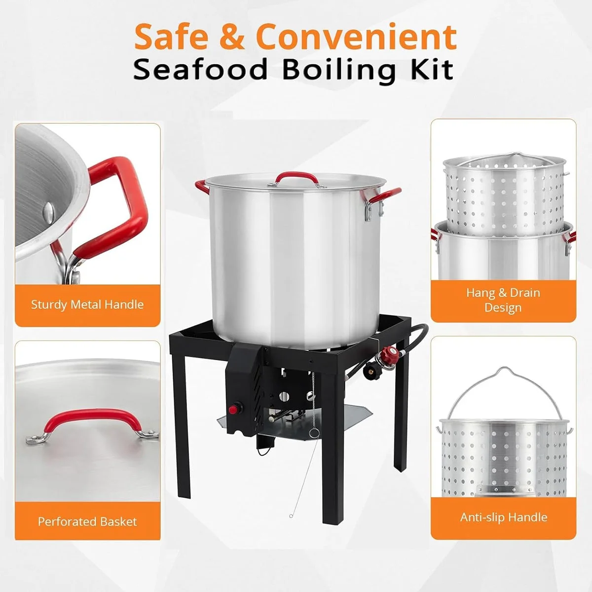 Danolapsi 100 Qt Turkey Deep Fryer Pot,Aluminum Seafood Boil Pot with Strainer & Burner Set Crafish Boiler,110000 BTU Propane Stove Burner with Stock Pot,Basket Lid, Outdoor Cooking Shrimp Crab Boiler