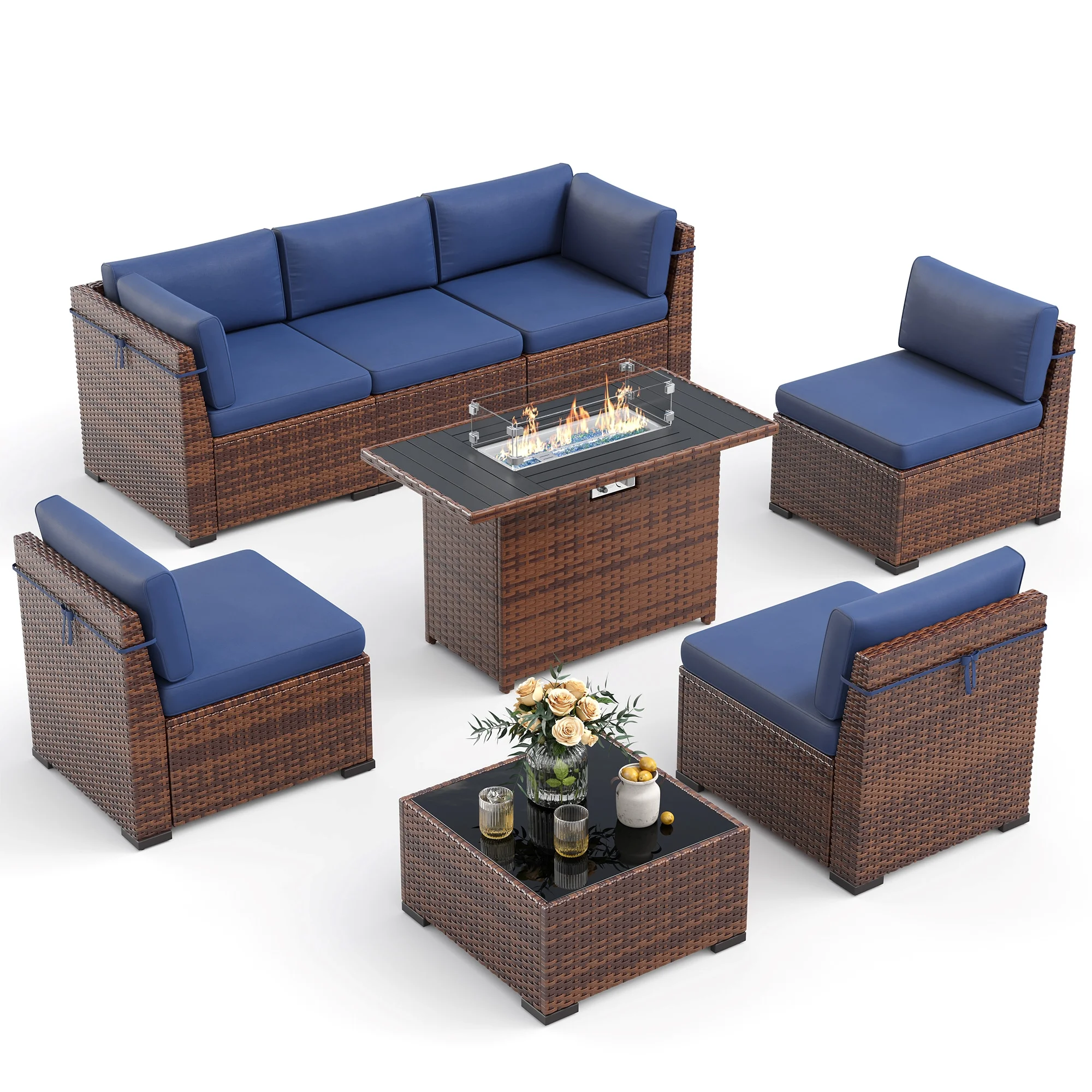 Poteban 7 Pieces Outdoor Sectional Sofa Set , PE Wicker Rattan Slanted Back Outdoor Conversation with Cushions and Glass Coffee Table for Backyard Garden, Dark Gray