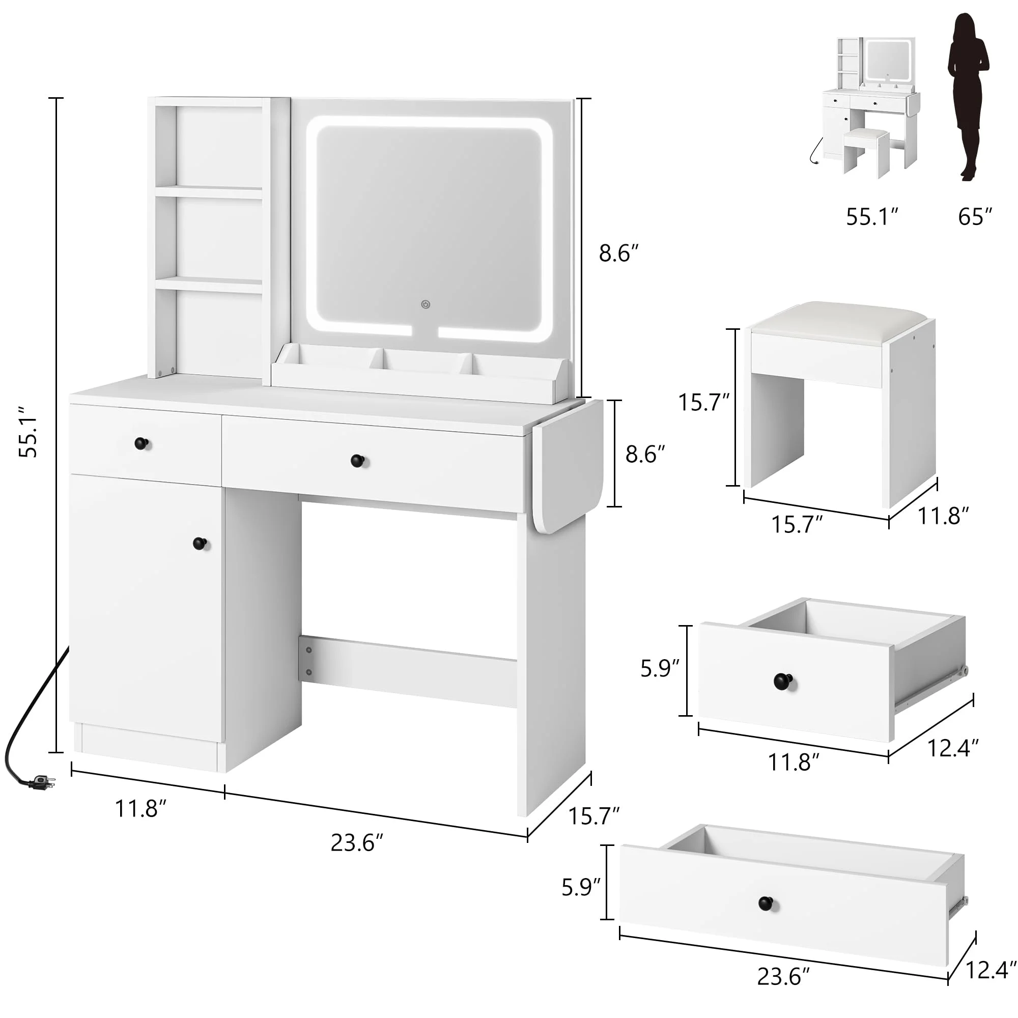 DSstyles Brown/Black/White Vanity Desk with LED Lighted Mirror & Power Outlet, Makeup Vanity with Drawers & Cabinet & Chair, Vanity Table Set for Bedroom
