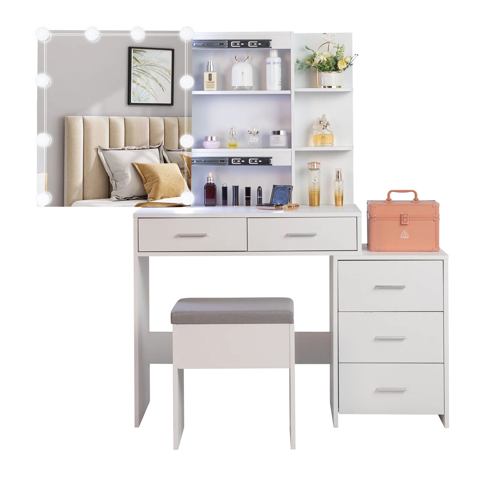 Ktaxon Flutted Makeup Vanity Table Set with 5 Drawer, Dressing Table w/Charging Station, Vanity Desk for Femal Gift, White