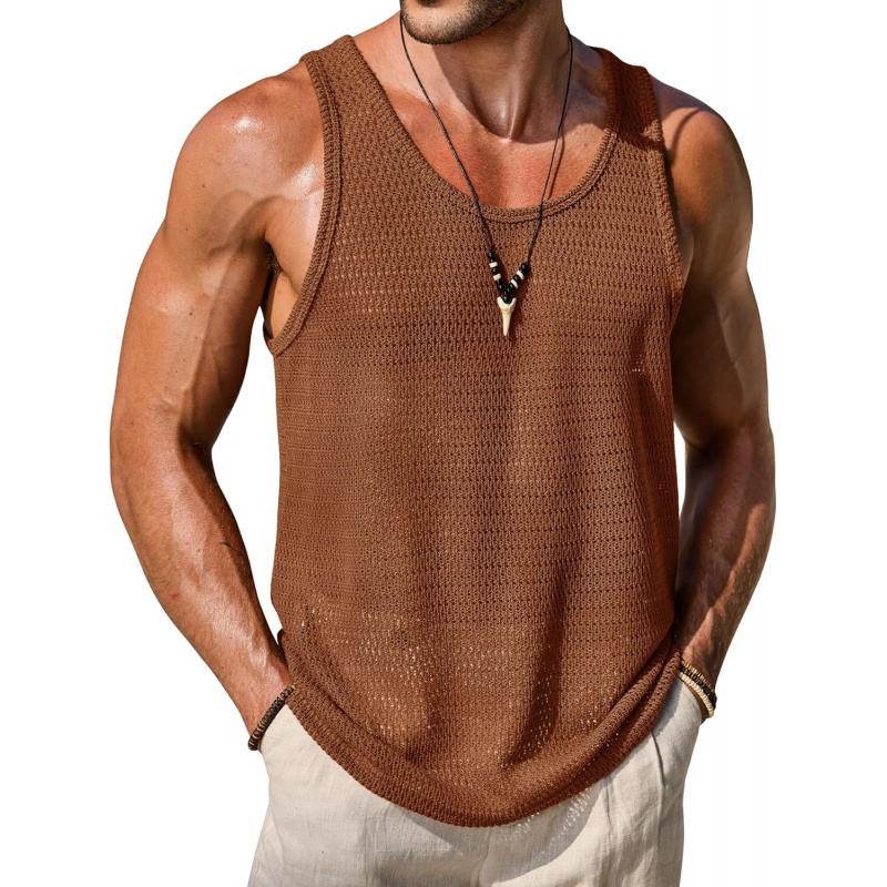 Men Mesh Hollow Out Tank Top Breathable See Through Beach Vest(S-XXL)