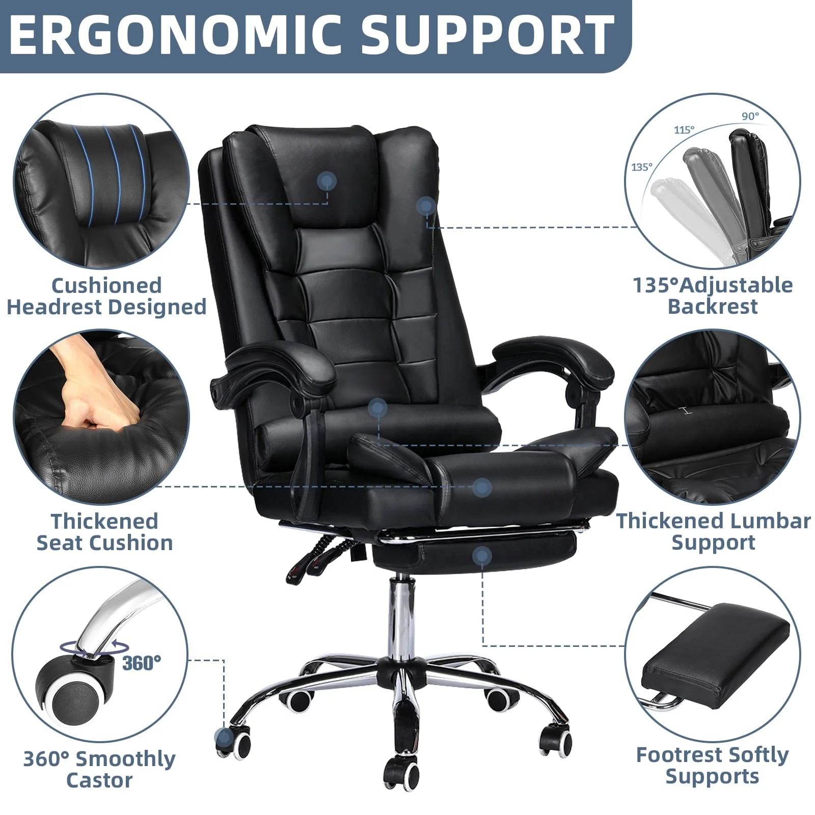 Hoffree Office Chair Ergonomic Computer Desk Chair Big and Tall Executive Leather Chair High Back Adjustable Task Chair with Wheels Lumbar Back Support Footrest for Home Office Black