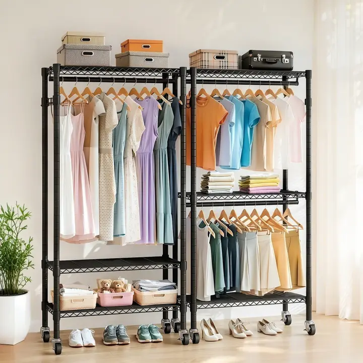 Black Heavy Duty Rolling Clothes Rack with Shelves & Hooks