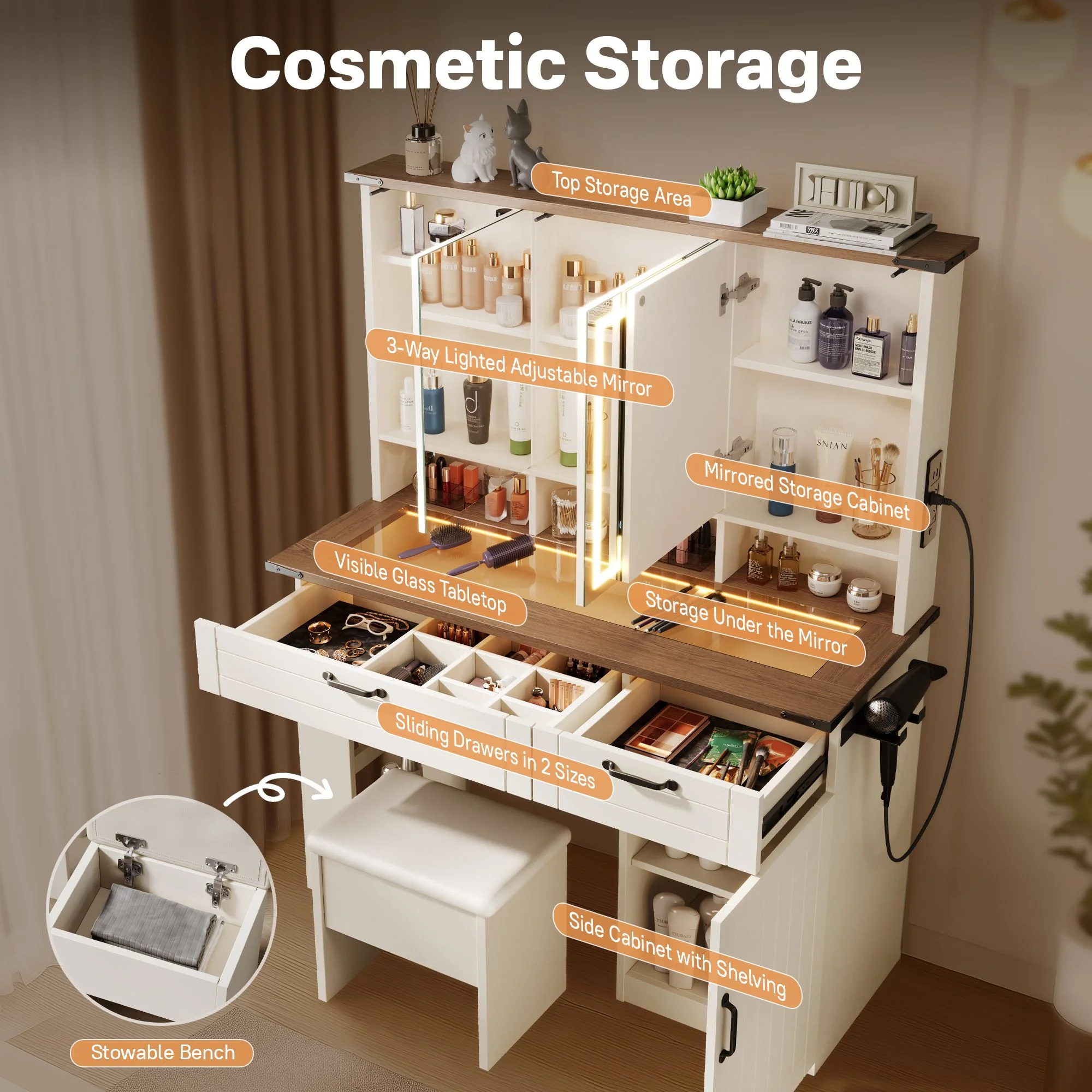 Vcatnet Vanity Table Set with Mirror and Lights Glass Top Makeup Vanity Desk with Storage Shelves and Drawers Dressing Table with LED Lights and USB Charging for Bedroom, Girls and Women