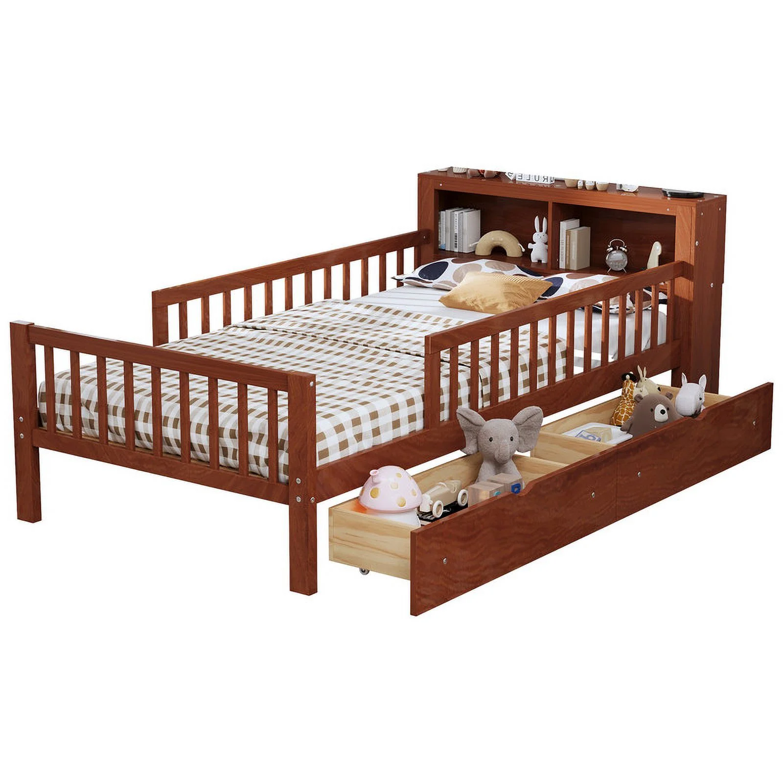 Bellemave Twin Size Bed with 2 Drawers and Fence Rails, Twin Platform Beds Frame with Bookcase Storage Headboard, Wood Space Saving Storage Bed for Kids Boys Girls Teens, No Box Spring Needed��Walnut)