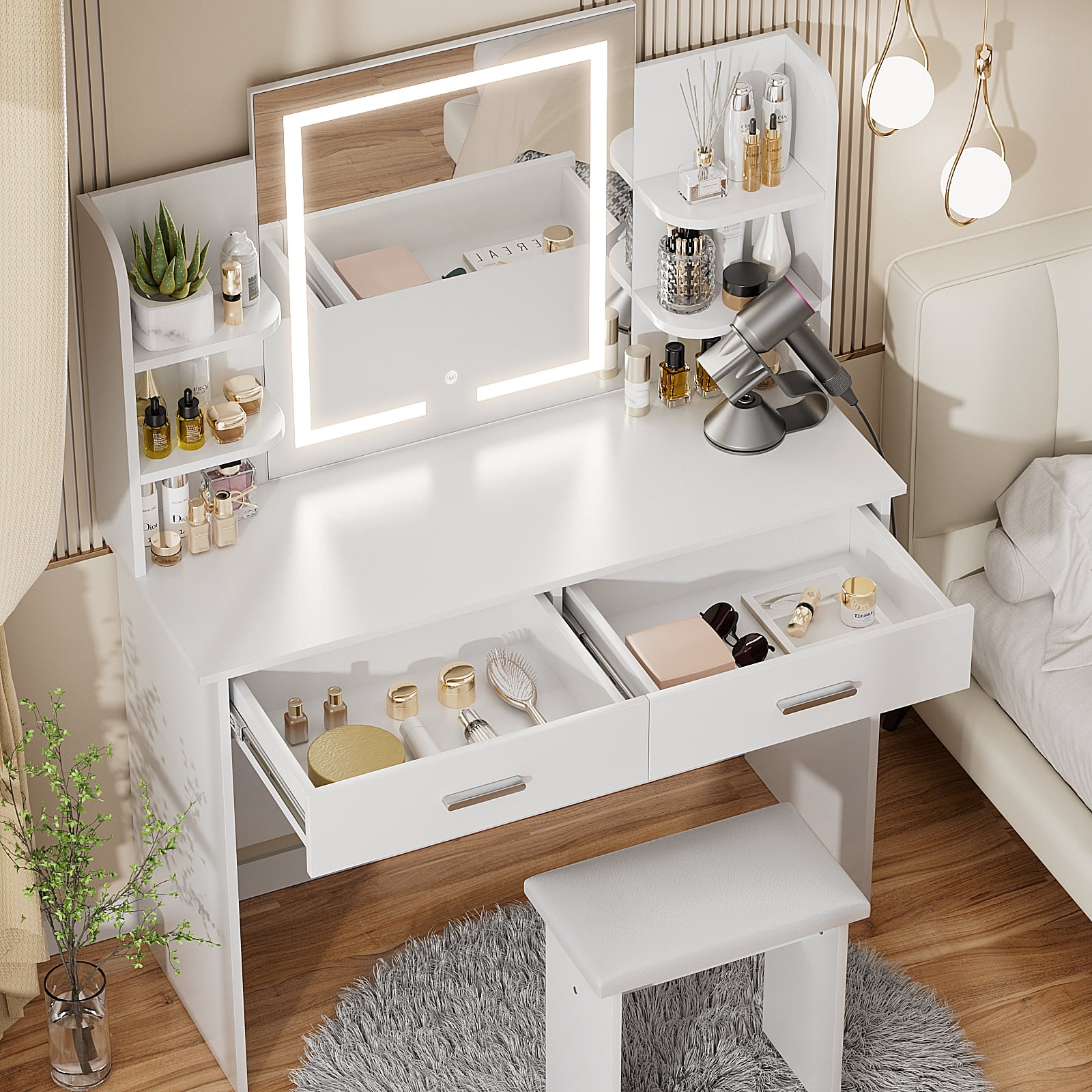 RichYa Modern Makeup Vanity Set with Lights Mirror and Drawers,White Makeup Desk,Dressing Table
