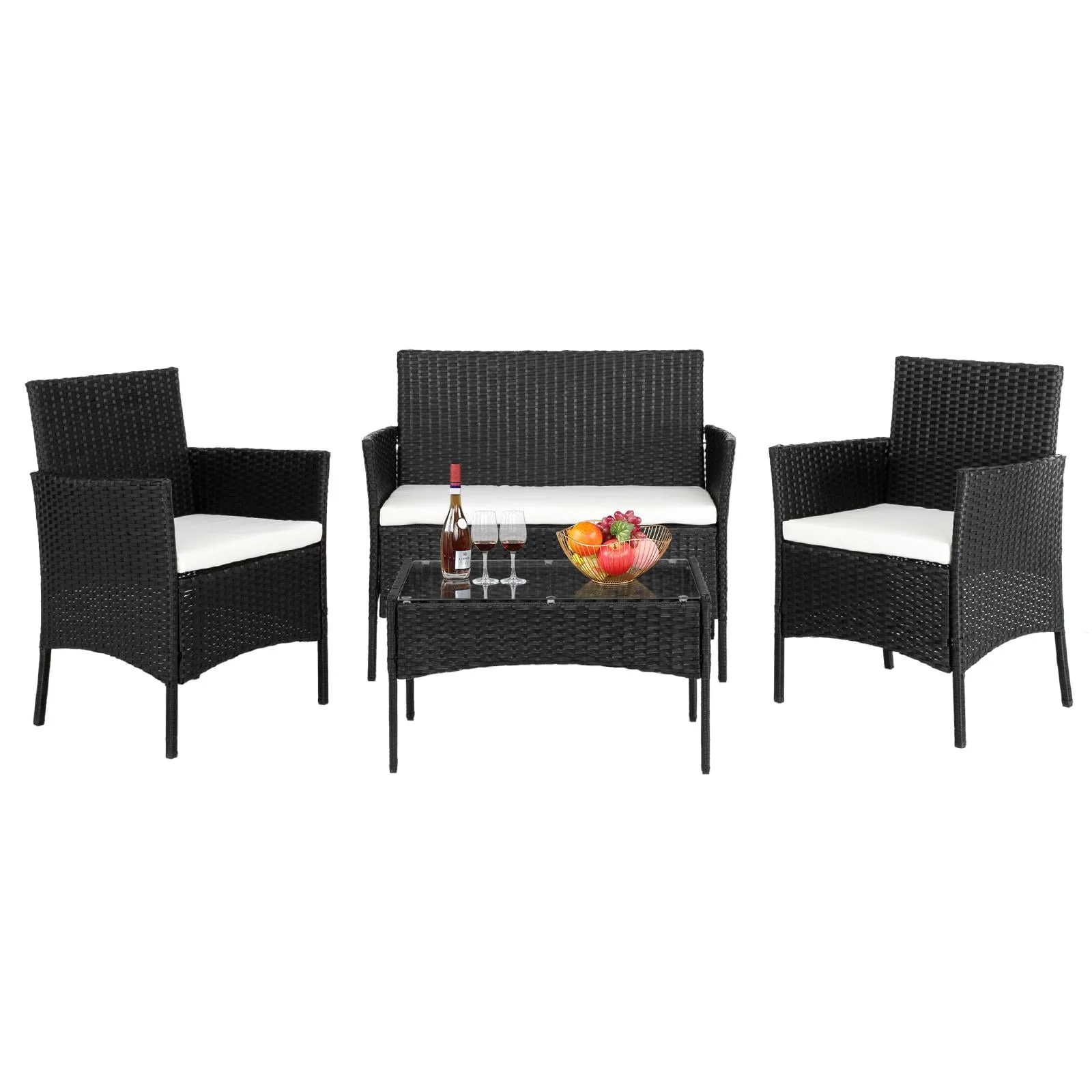 Zimtown 3 Pieces  Patio Wicker Furniture, Outdoor Rattan Chat Set with Glass Table and Wicker Chairs, Brown Gradient