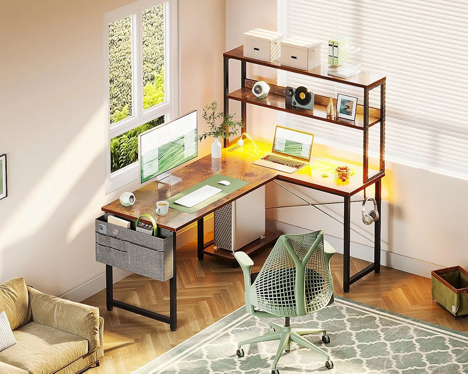 Gaming Desk with Power Outlets & LED Lights, 43 Inch Reversible L Shaped Computer Desk with Shelves & Storage Bag, Corner Desk for Home Office, Black