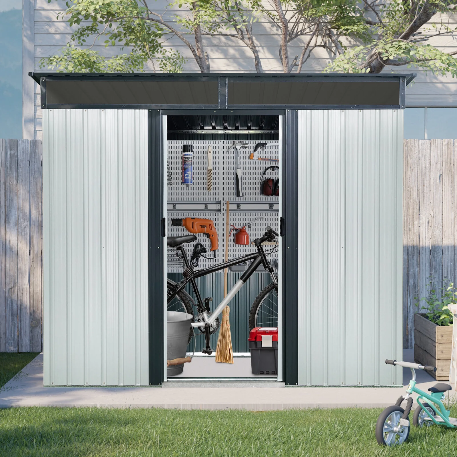 Garden Sheds 8 ft x 6 ft Outdoor Metal Storage Shed with Window and Transparent plate for Garden, Lawn (White and Black),Outdoor Sheds