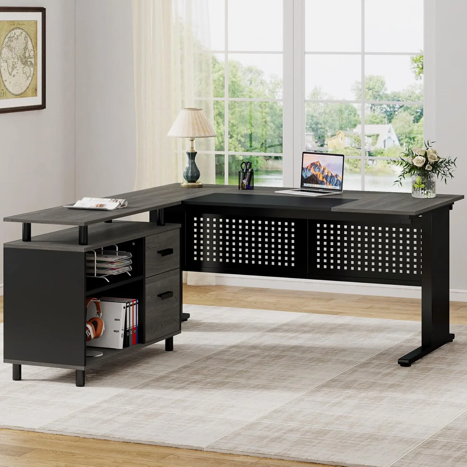 Tribesigns 63 Inch Executive Desk with File Cabinet, Large Office Desk L Shaped Computer Desk with Drawers and Storage Shelves, Business Furniture Desk Workstation for Home Office, Brown and Black