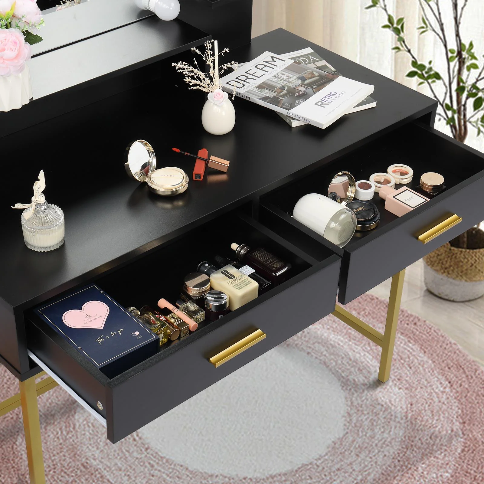 Ktaxon Vanity Table Set with 3 Color Lighted Mirror & Stool, Makeup Vanity Dressing Table, 2 Drawers and Storage Shelves for Bedroom, Gold Vanity Desk for Women (White)