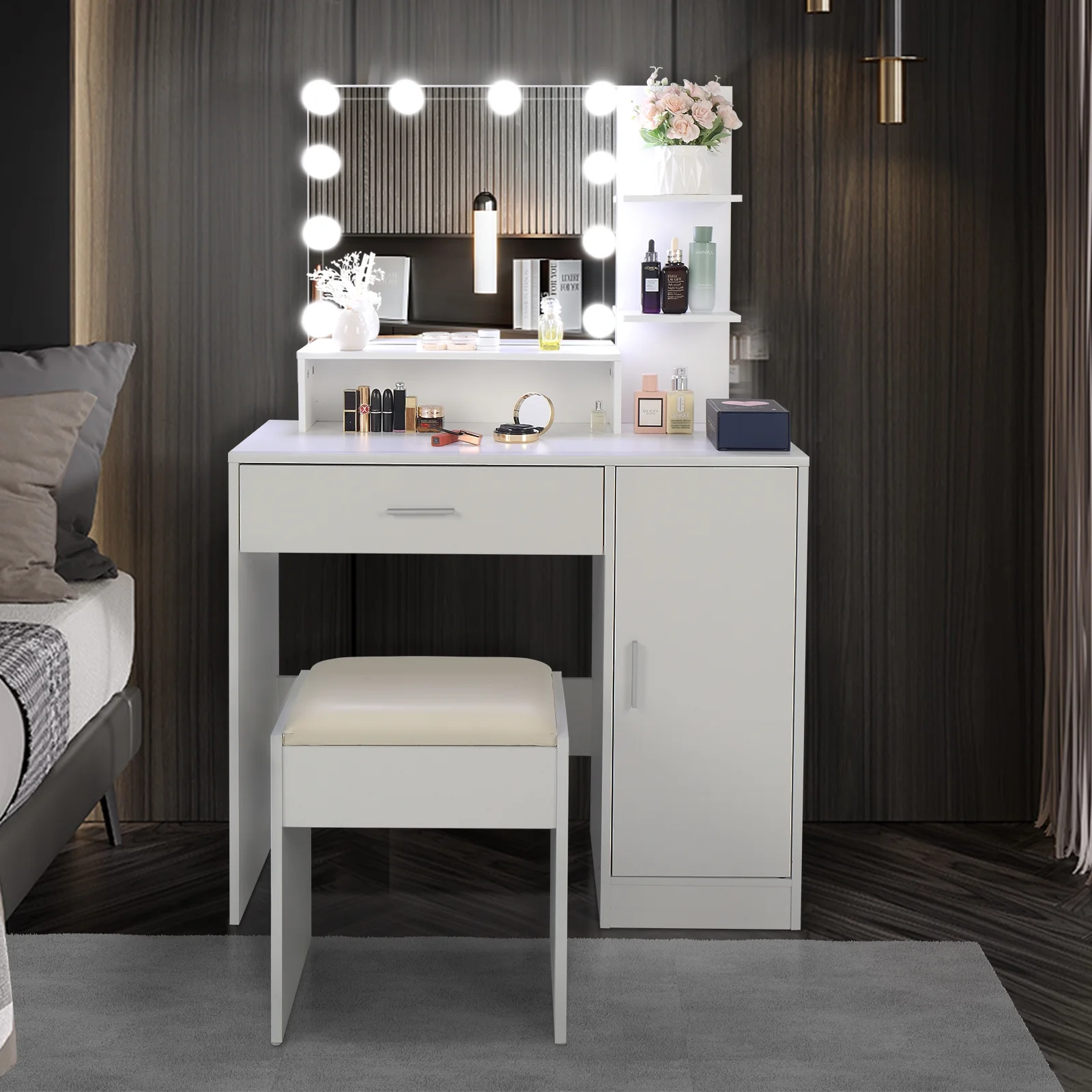 Resenkos Vanity Desk Set with Mirror and Lights for Makeup, 5 Drawers Storage Dresser for Bedroom, White