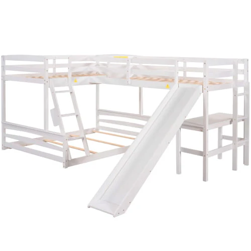 L Shaped Triple Bunk Bed for 5, Twin Over Full Bunk Bed and Twin Size Loft Bed with Built-in Desk, and Slide,Full-Length Guardrail, White