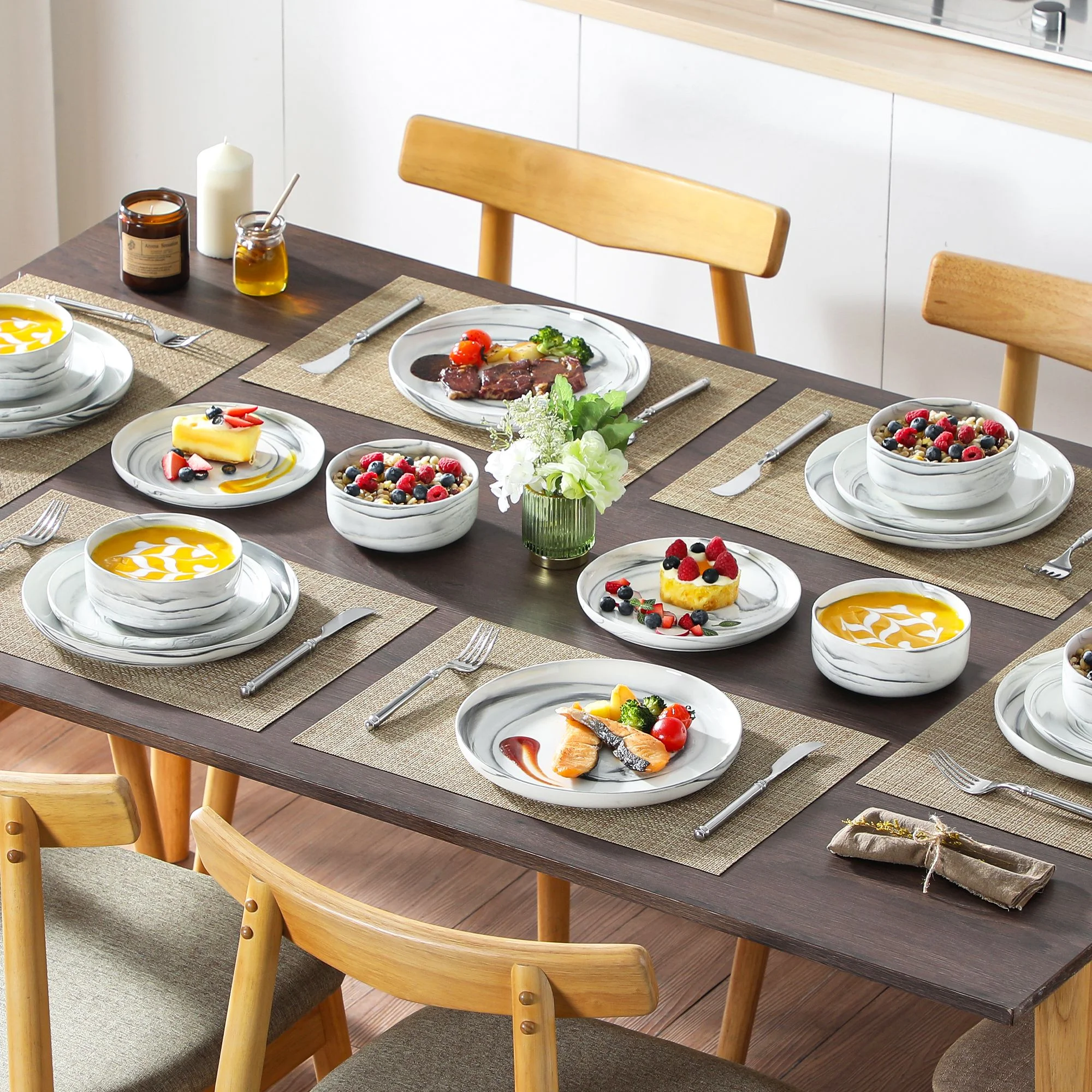 vancasso 36 Pieces Dinnerware Sets, Plates and Bowls Set for 8, Porcelain Dinner Set, White with Black Rim