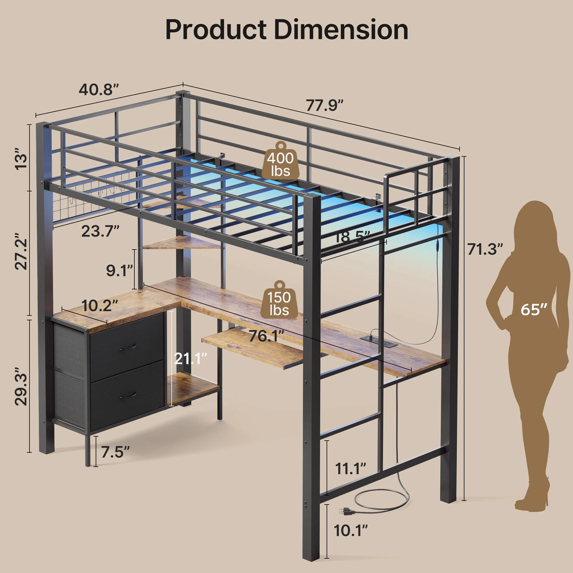 Loft Bed Frame with L-Shaped Writing Desk with Storage Drawers and Shelves, Lofka Twin Metal Bed with LED Lights and Charging Station, Retro Brown Board