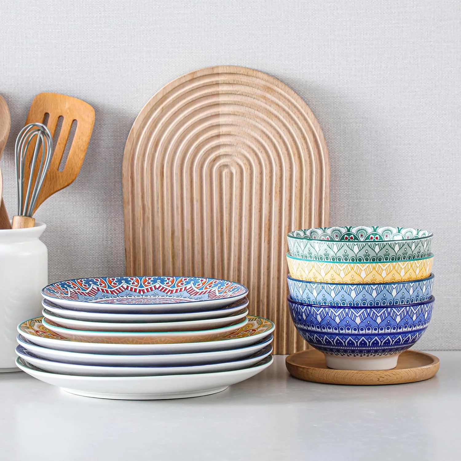 Mandala12 Pieces Dinnerware Sets, Porcelain Dinner Set for 4, Boho Plates and Bowls Set, Colorful Dish Sets