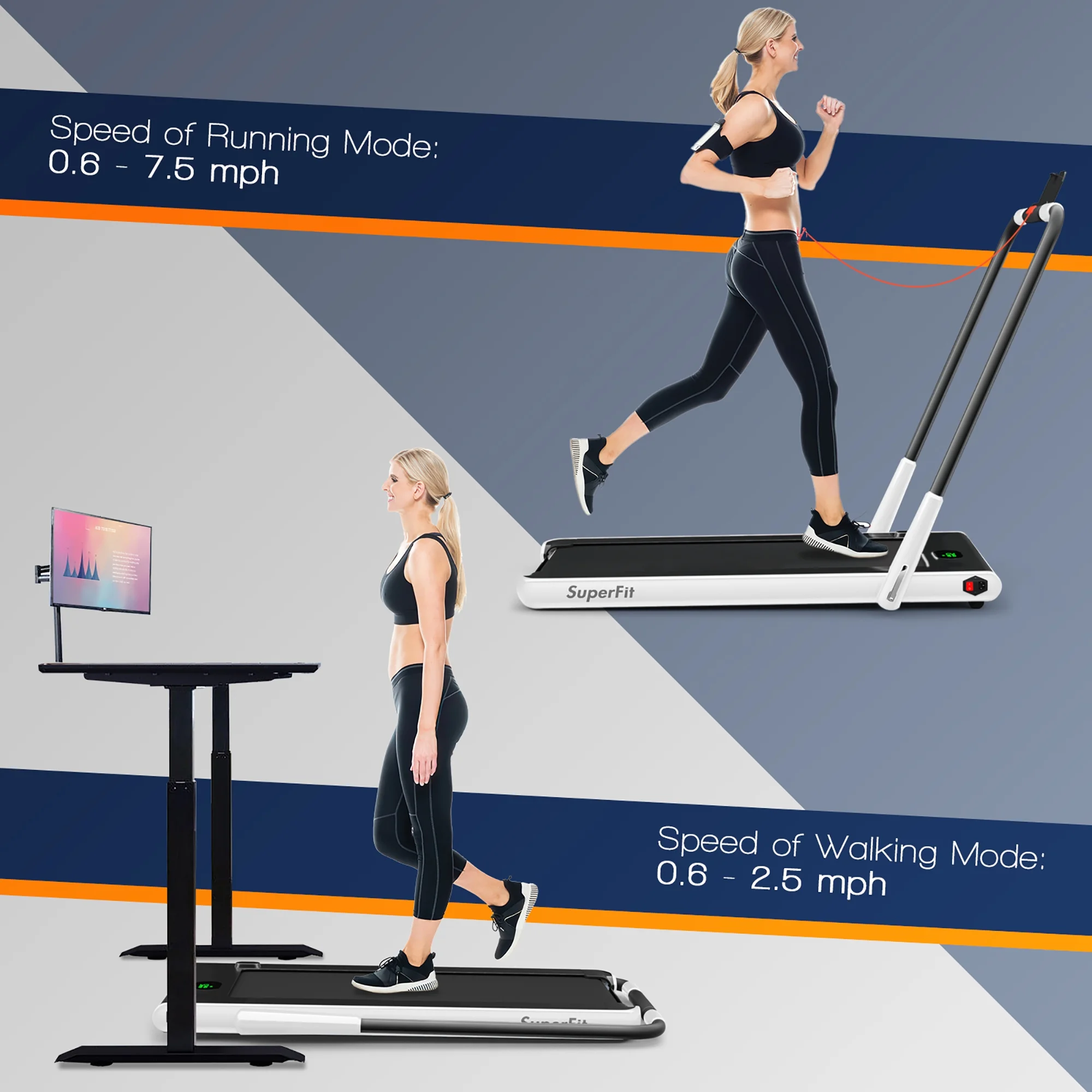 SuperFit Up To 7.5MPH 2.25HP 2-in-1 Folding Under Desk Treadmill W/Speaker Controller APP, Single Display Screen Silver