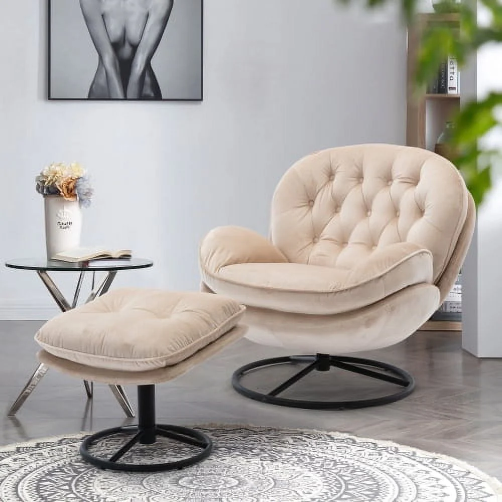 Velvet Swivel Accent Chair with Ottoman Set, Modern Lounge Chair with Footrest and Metal Base Comfy Armchair with 360 Degree Swiveling Single Sofa Chair Accent Chairs for Living Room, Green