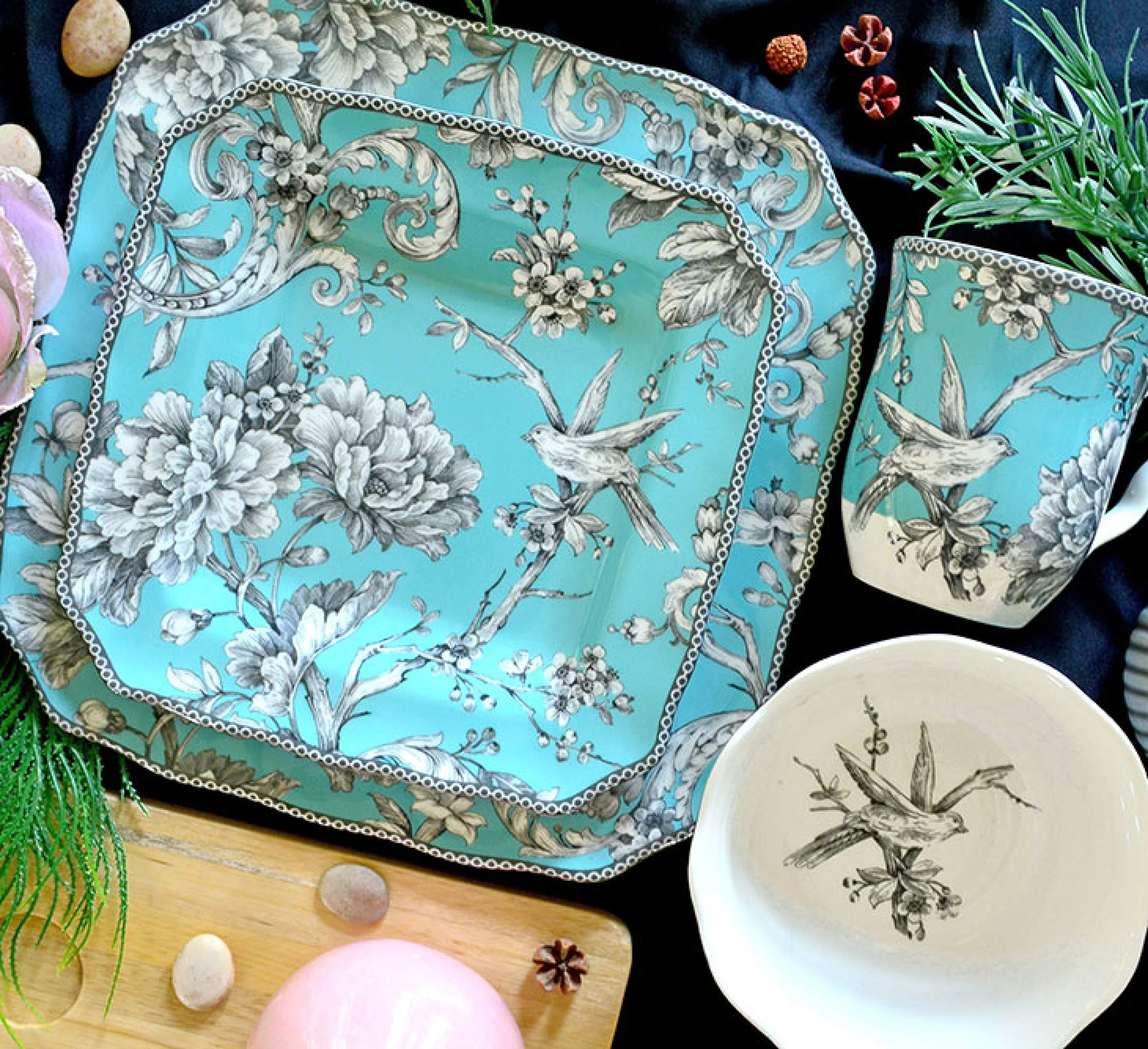 222 Fifth Adelaide Round 16-Piece Porcelain Dinnerware Set, Black Toile