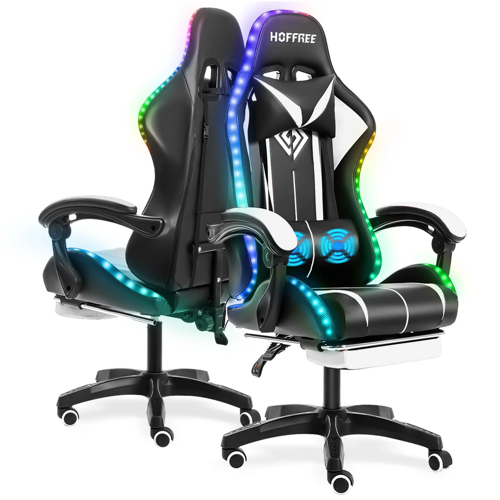Hoffree Gaming Chair with Massage PU Leather Office Chair with Footrest and LED Light Ergonomic Gamer Chair Lumbar Support Adjustable Headrest High Back Computer Desk Chair for Home Office