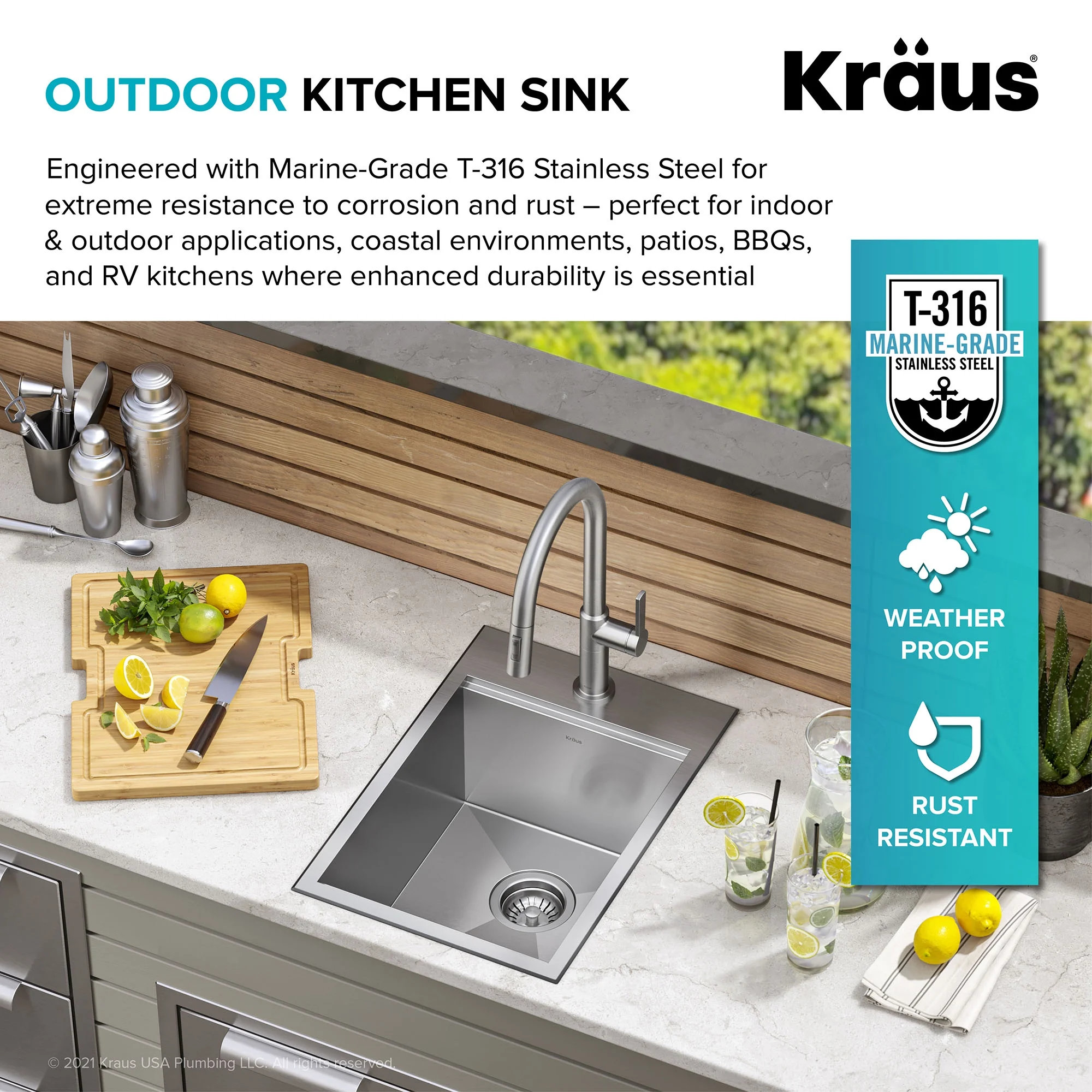 Kraus Kore 15 Outdoor Workstation Drop-In 16 Gauge Marine Grade T-316 Stainless Steel Single Bowl Kitchen Bar Sink with Accessories