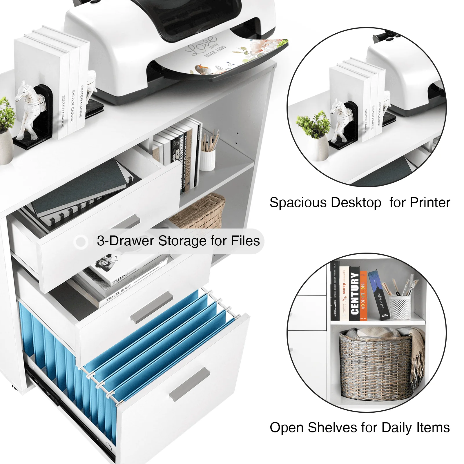 Richya Wood File Cabinet , Printer Stand with Open Storage Shelf, 3-Drawer File Cabinet, Home Office White