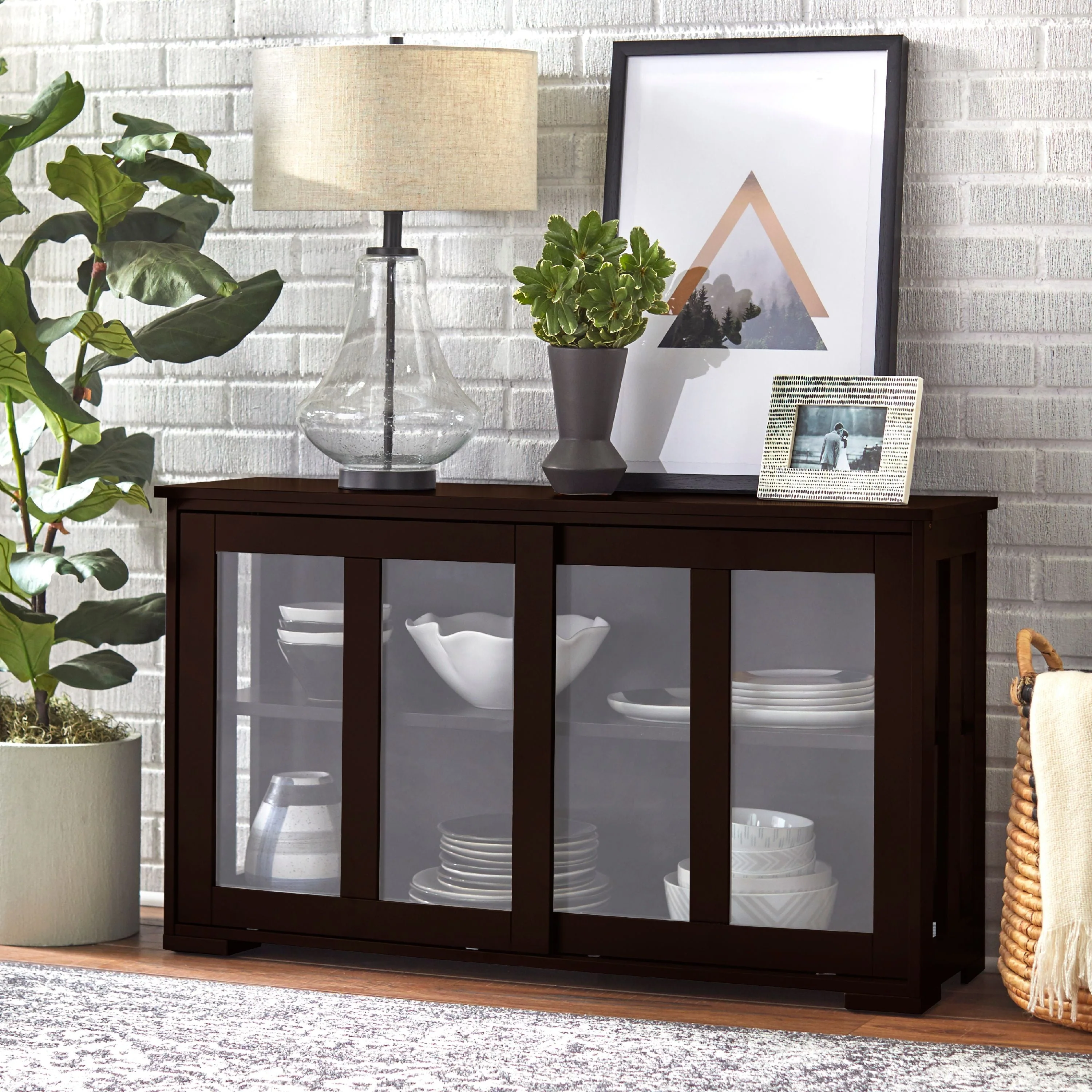 TMS 42�?Wide Contemporary Tempered Glass Sliding Door Stackable Dining Room Sideboard, Espresso Brown Finish