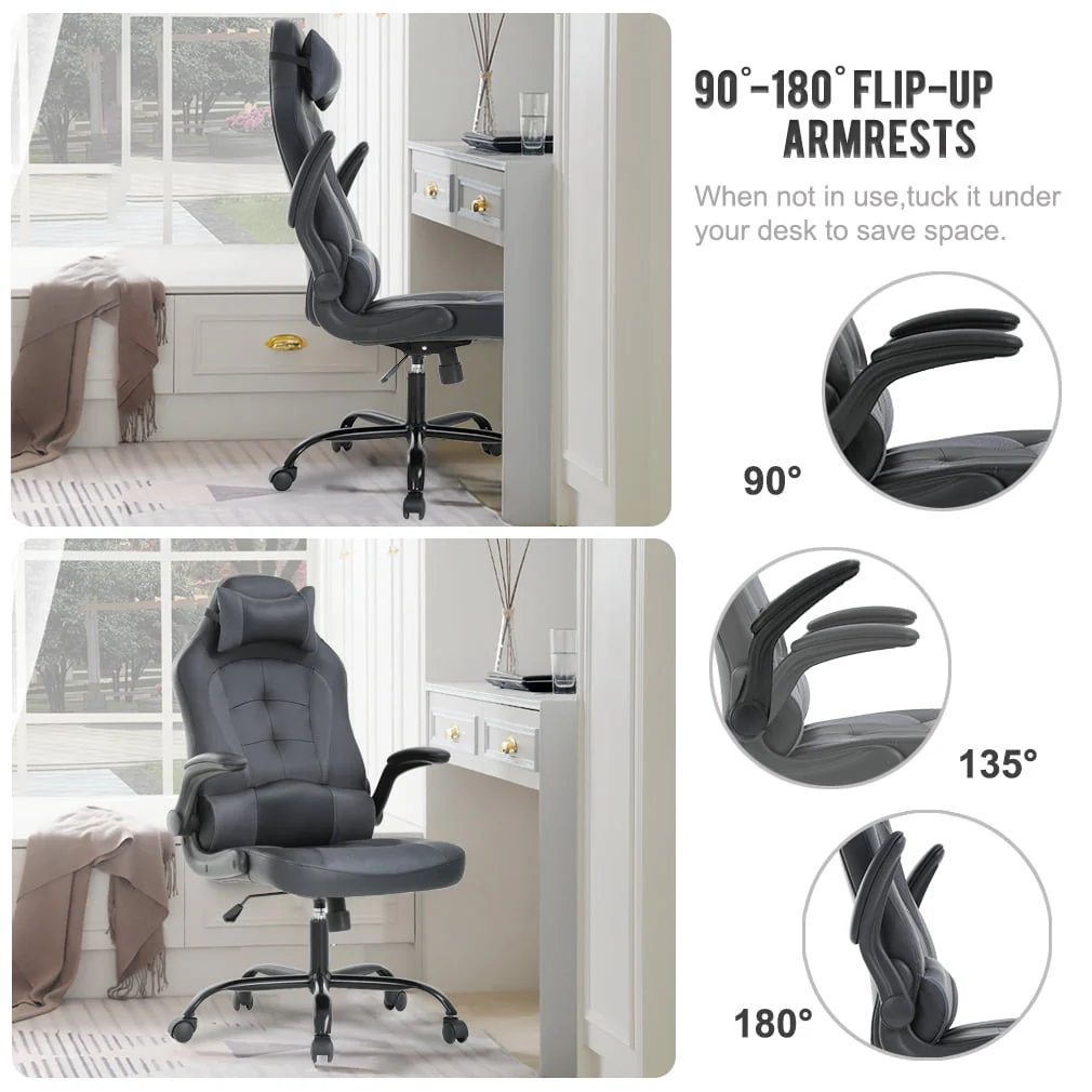 Gaming Chair Massage Office Chair Racing Desk Chair Ergonomic PC Executive High Back PU Leather Computer Chair with Lumbar Support Headrest Armrest Task Rolling Swivel Chair for Women Adults, Grey
