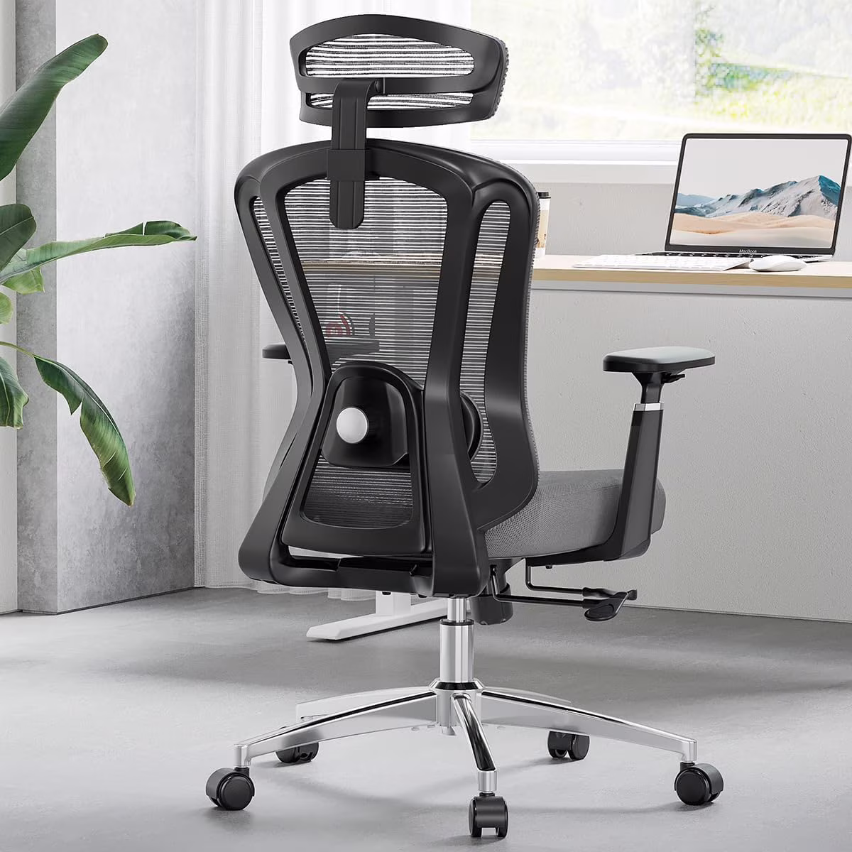 STARY Ergonomic Office Chair with Footrest, High Back Mesh Desk Chair with Adjustable Headrest & Lumbar Support, Comfortable Computer Chair for Home Office Study, White & Beige
