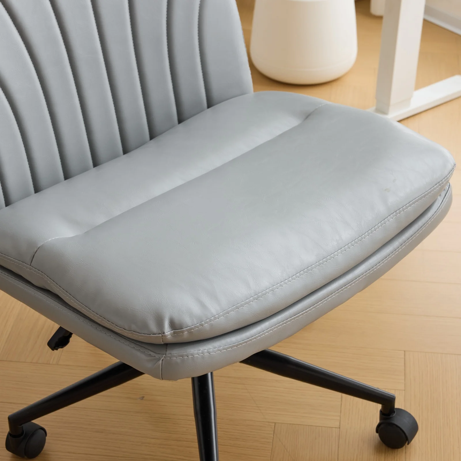 Ktaxon Armless Office Chair Swivel Study Chair Adjustable Desk Chair with Criss Cross Legs and Wheels for Conference and Home Faux Leather Gray