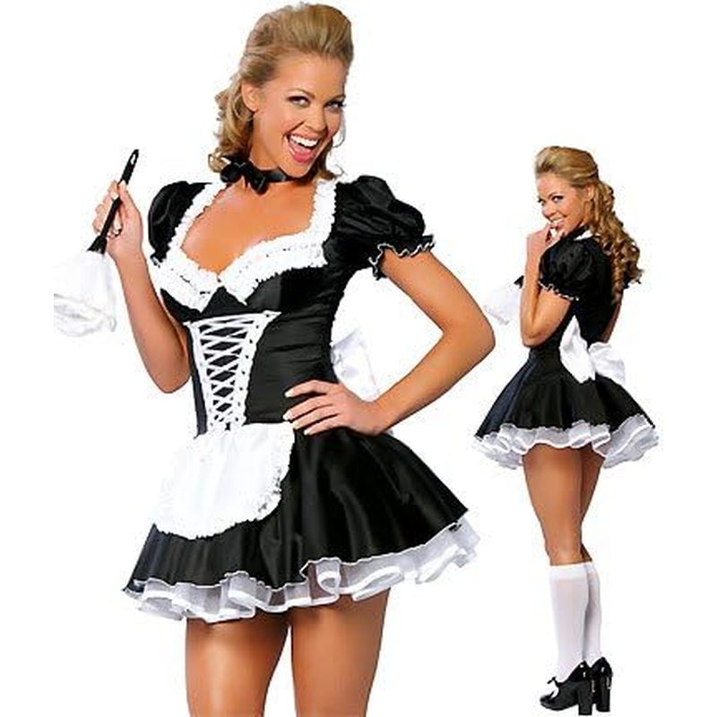 Women's French Maid Costume Sexy Black Satin