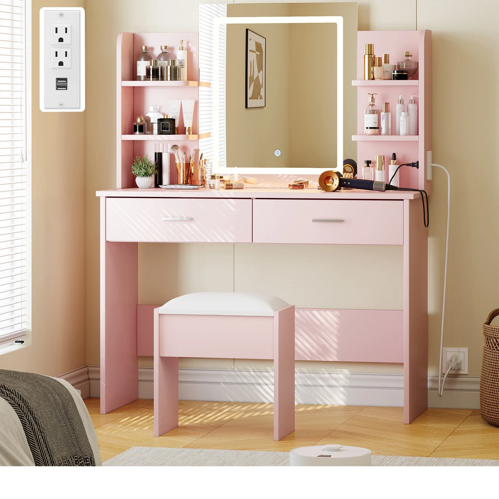OYang Makeup Vanity Desk with Lighted Mirror and Stool, Vanity Table and Chair Set with 2 Storage Drawer 4 Shelves, Power Outlet, 3 Color Modes Adjustable LED Mirror & Stepless Dimmable for Bedroom