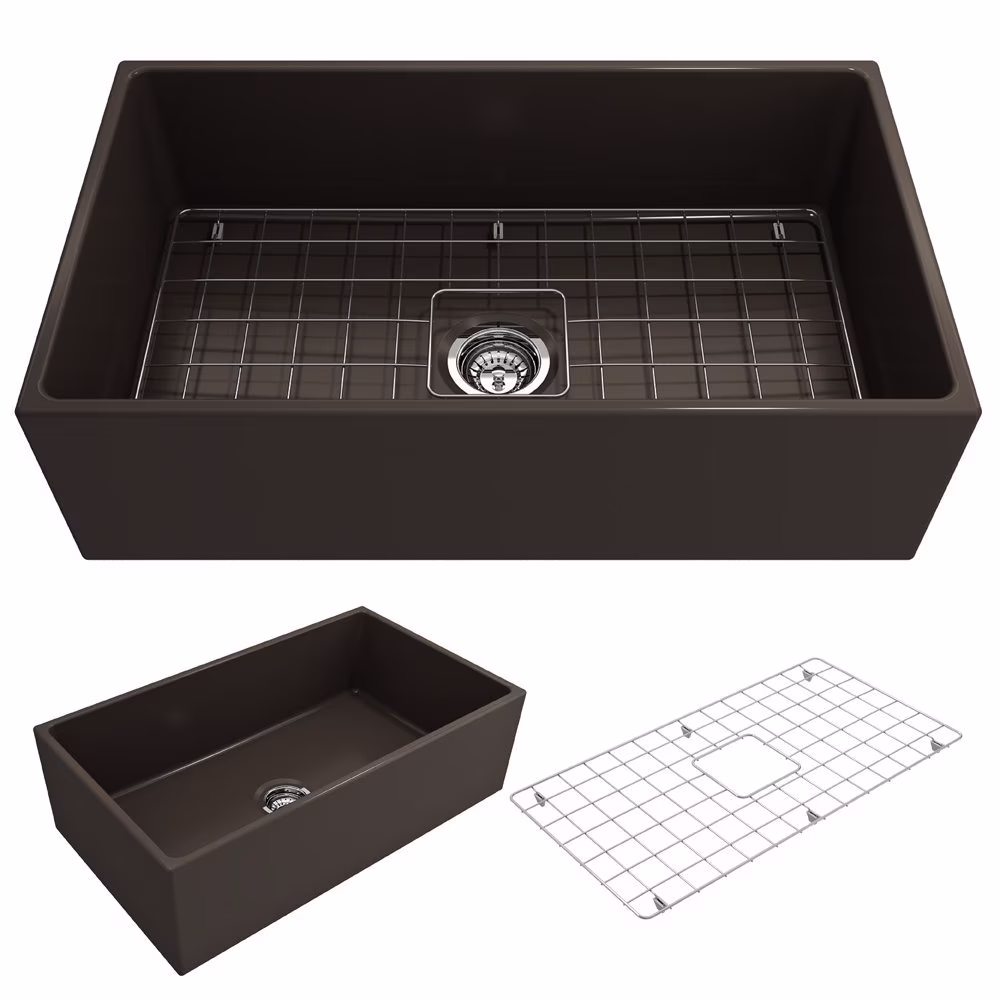BOCCHI Contempo Apron Front Fireclay 33 in. Single Bowl Kitchen Sink with Protective Bottom Grid and Strainer in White