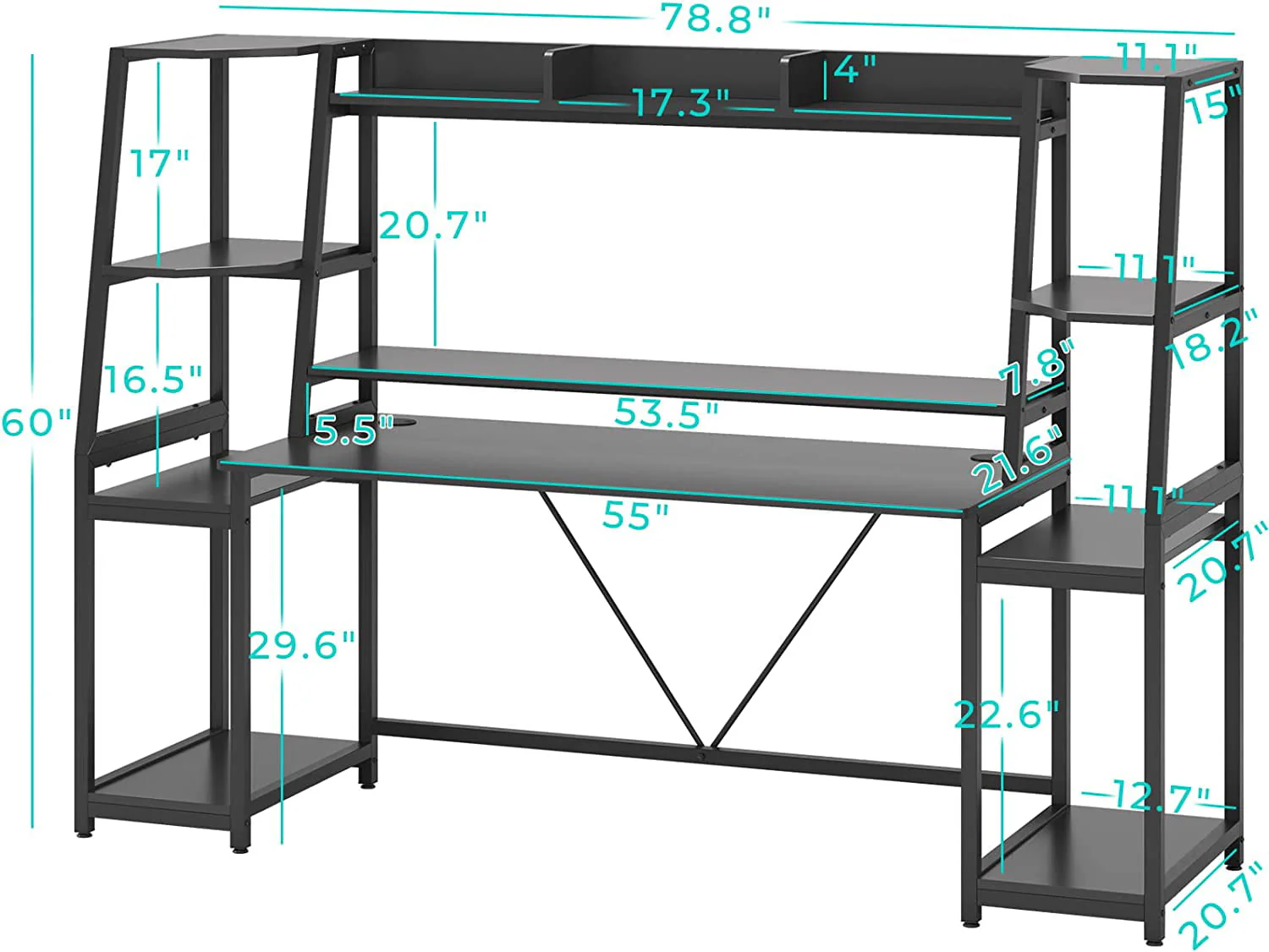 78.8inch Gaming Desk with LED Lights, Hutch and Storage Shelves, Ergonomic Computer Desk with Monitor Stand, Black
