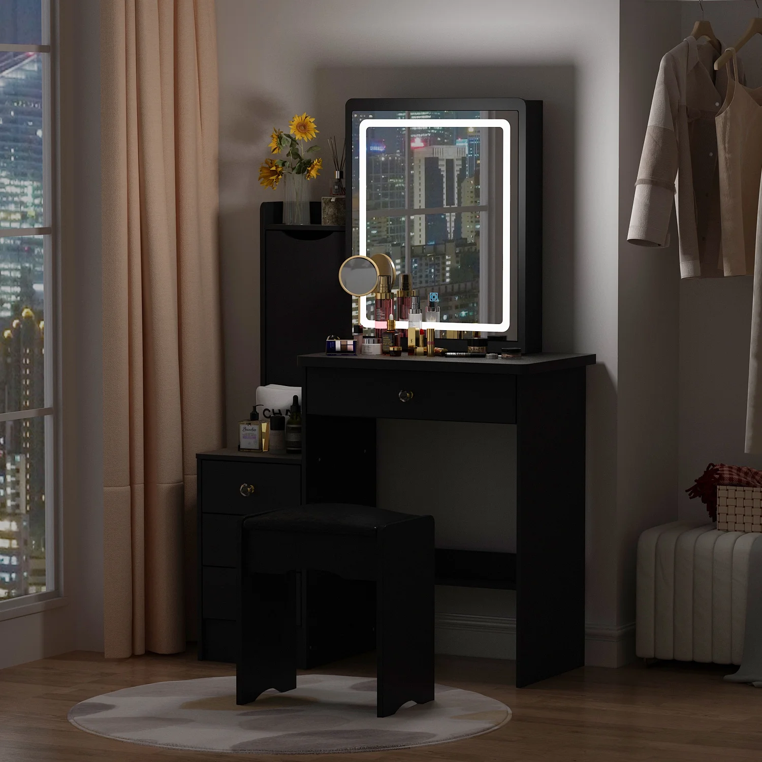 OXYLIFE Makeup Vanity Desk Table with Sliding LED Lighted Mirror, Cushion Stool, 4 Drawers and Shelves, White+Gray