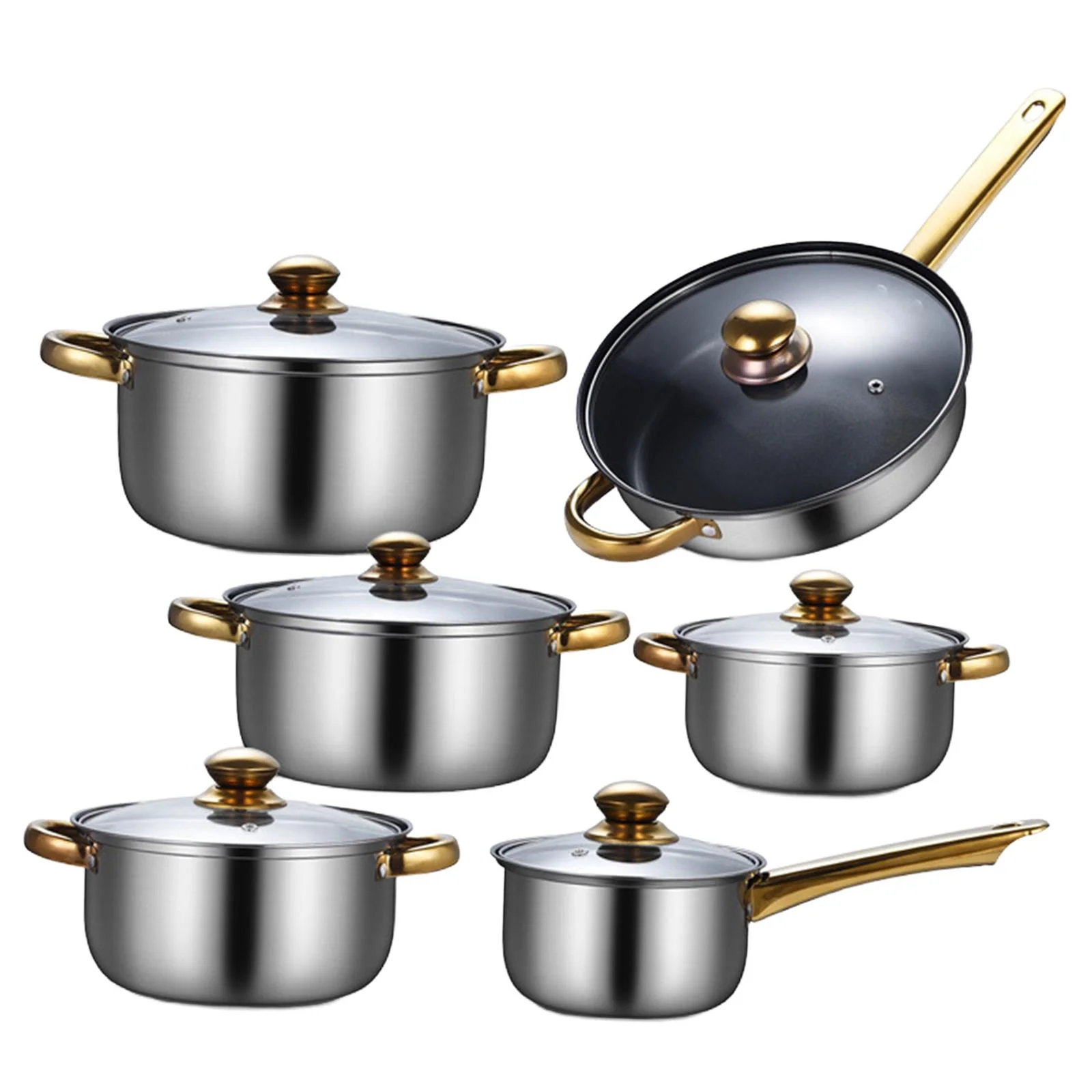 kowaku 6 Pieces Cookware Set Kitchen Cooking Set with Glass Lid, Soup Pot, Frying Pan Pots and Pans Set Stainless Steel for Kitchen Pans with soup pot