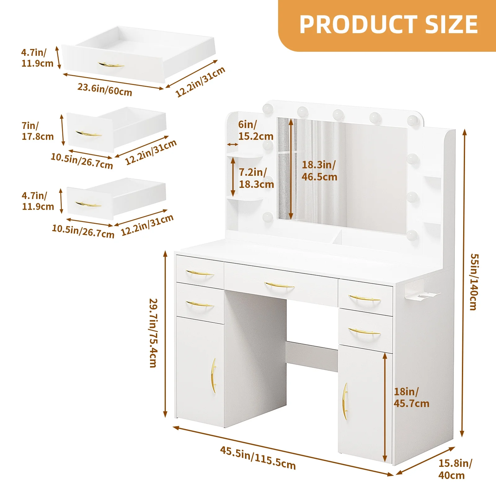 Tomnk woo White Makeup Vanity Desk with Large Mirror, Adjustable Lights, Storage Drawers & Power Outlets