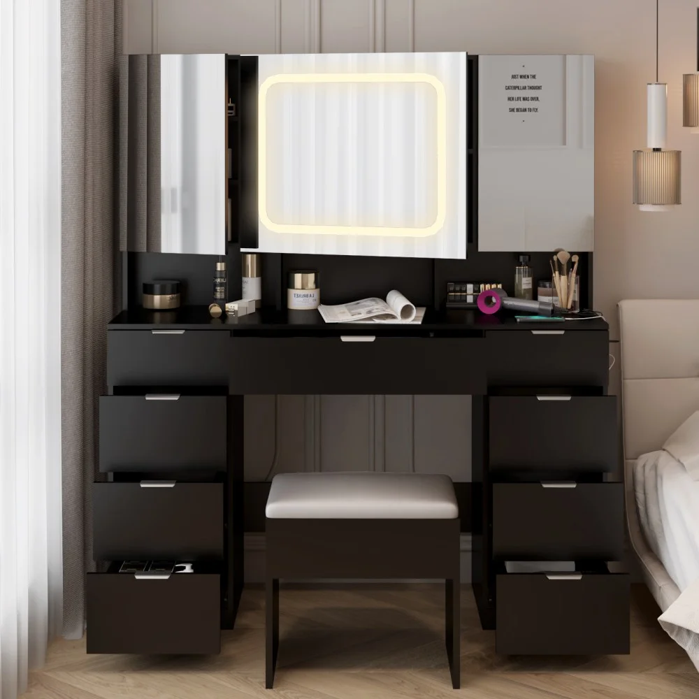 IVV Vanity Desk Set with Large LED Lighted Mirror & Power Outlet, Makeup Dressing Table with 9 Drawers and 3 Cabinets in Mirrored Doors, 47