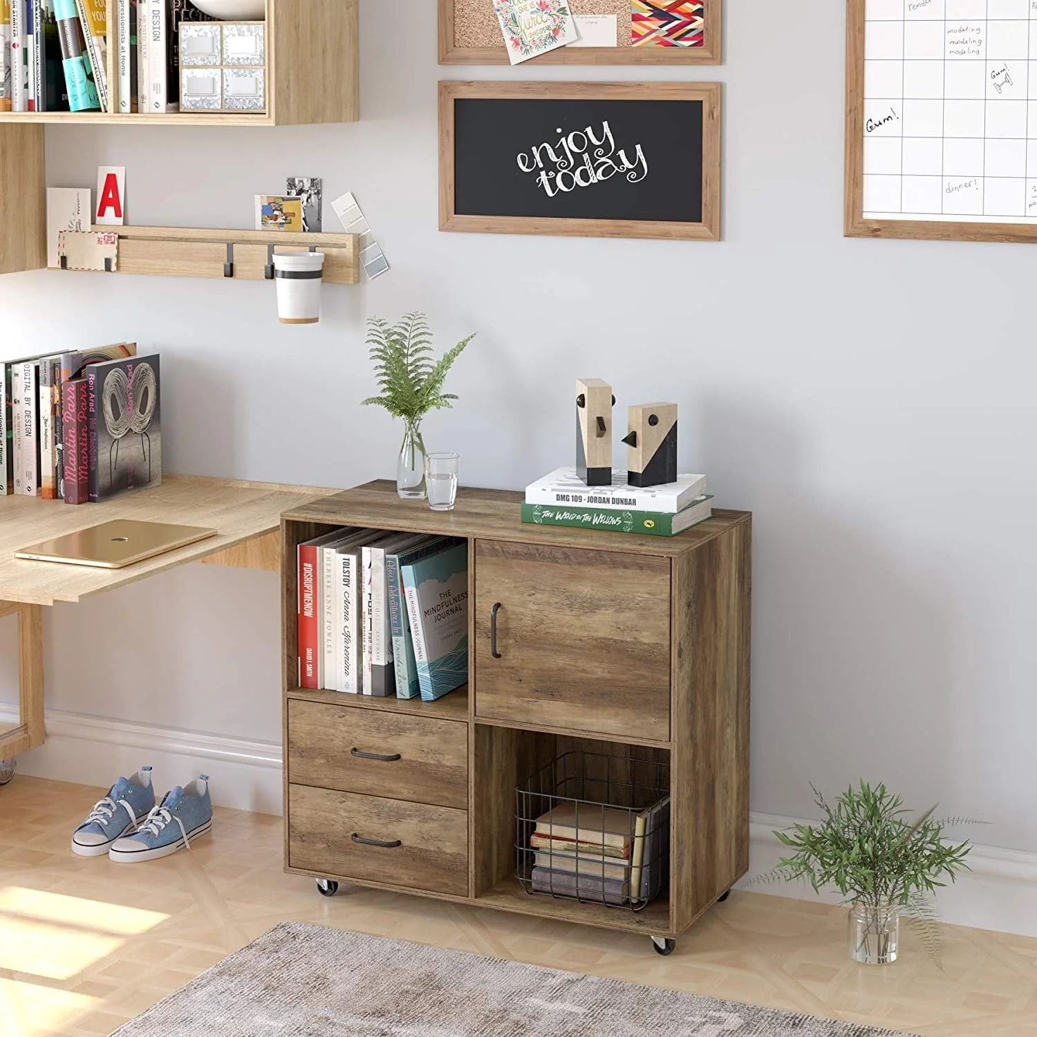 Homfa Lateral File Cabinet with 2 Drawers, Printer Stand with Storage Shelves, Large Mobile Filing Cabinet, Functional Wood Cabinet for Home Office with Wheels, Rustic Brown