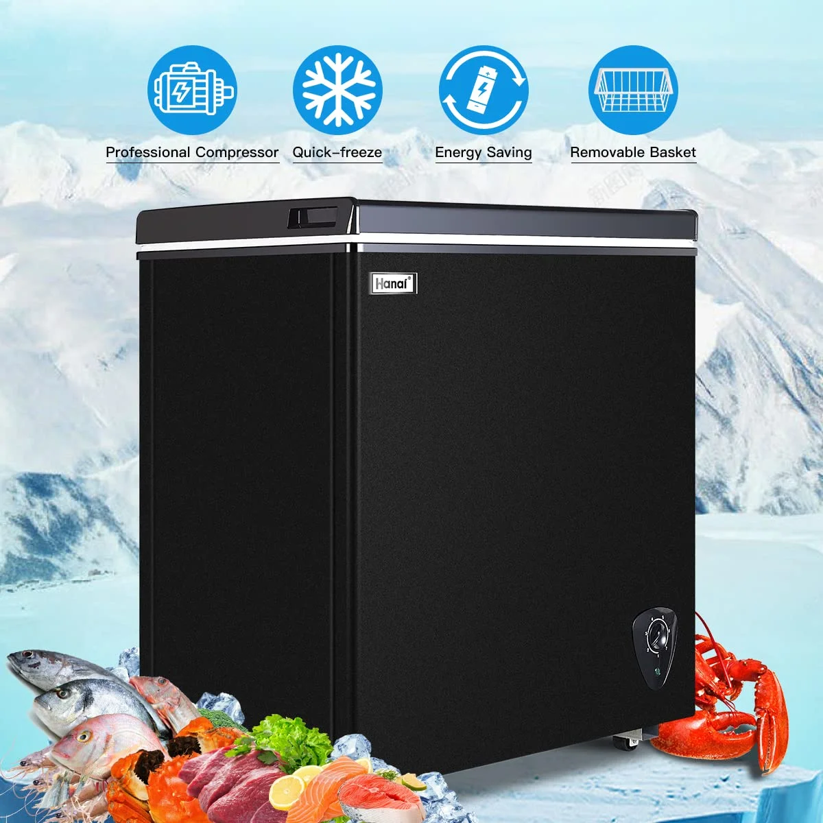 WANAI 5.0 Cu.ft,Chest Freezer,Deep Freezer,Removable Storage Basket Freezer,Black