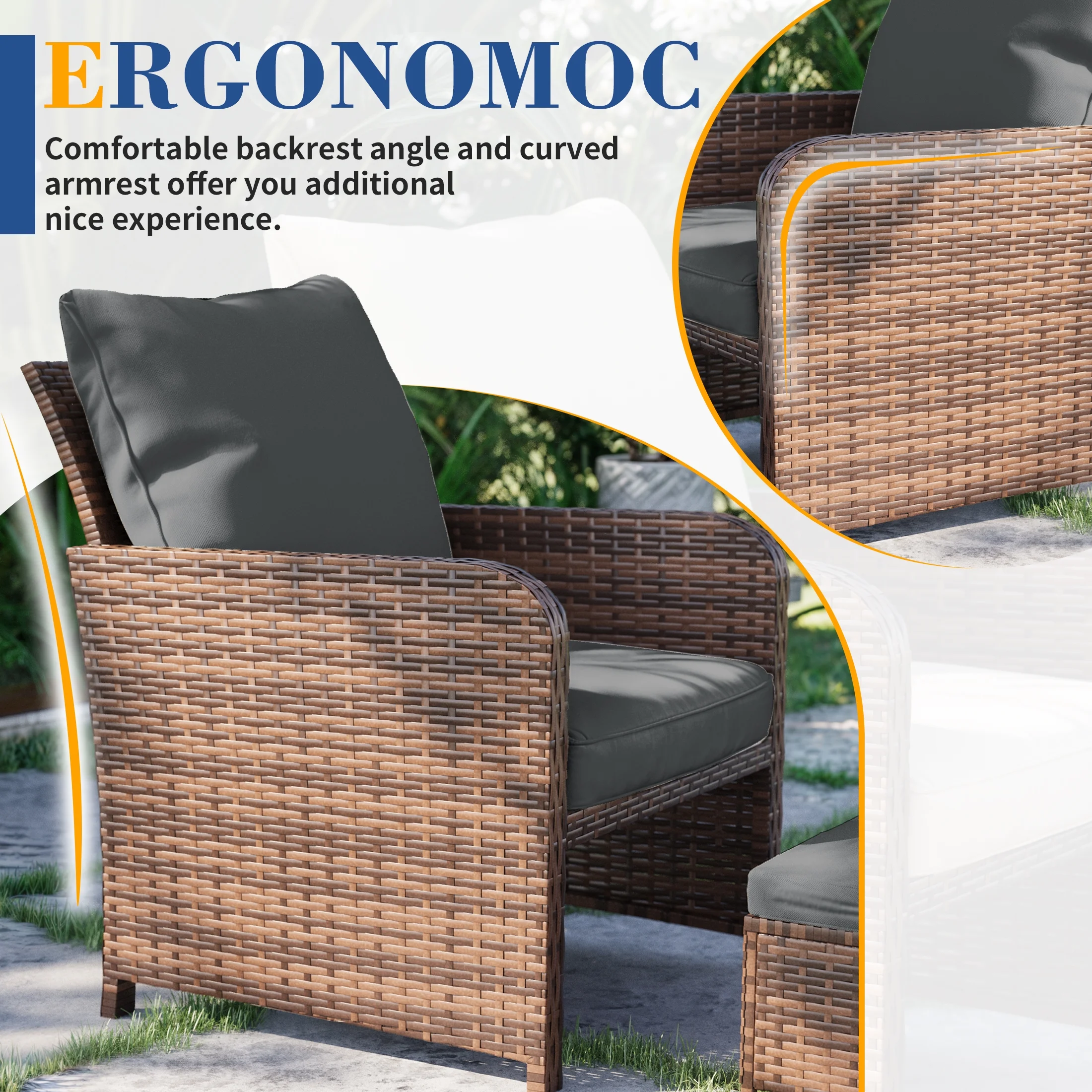 Poteban Balcony Furniture 5 Piece Patio Furniture Set, Outdoor Patio Chair with Ottoman for Front Porch Deck, Wicker Lounge Chair with Side Table, Grey