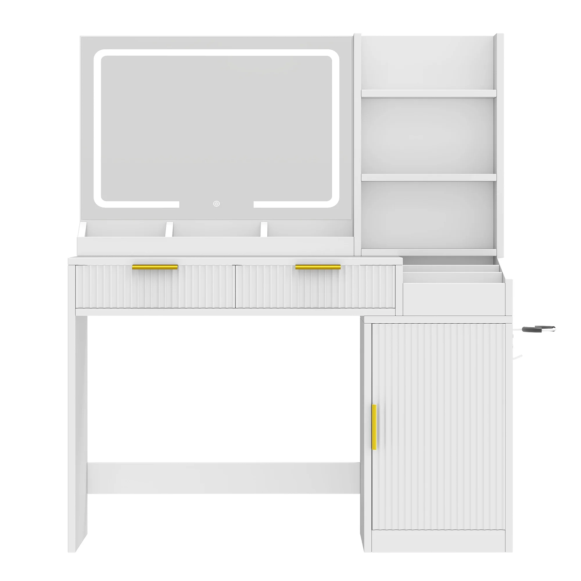 Craftian White Makeup Vanity Desk with Large Mirror and Lights, Dressing Table with 2 Storage Drawers & Power Outlets