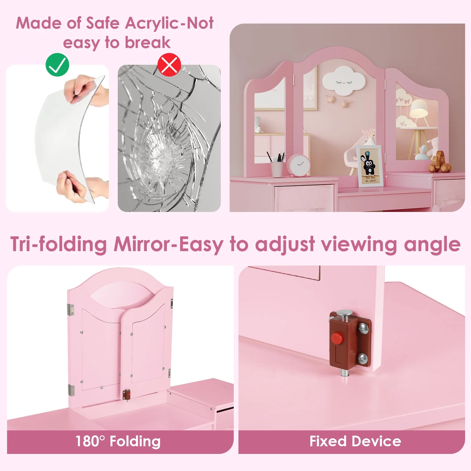 Arlopu Kids Vanity Set with Stool, Wooden Makeup Vanity Desk Children Dressing Table with Chair, Tri-Folding Mirror, Storage Cabinet & Drawers