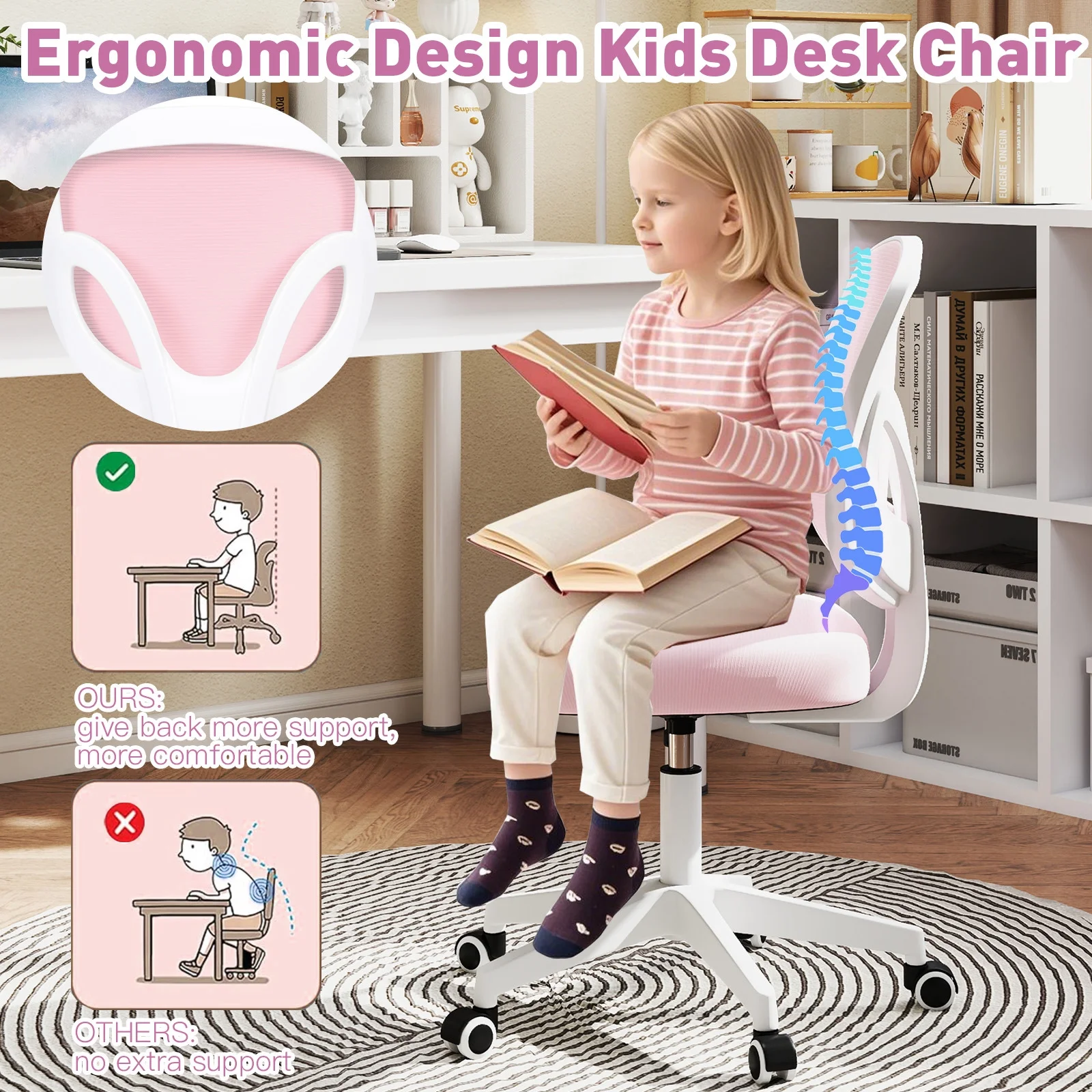 Adjustable Height Ergonomic Kids Study Desk & Chair Set Children Students Drafting Table Home School with Shelf,Drawer(Gray)