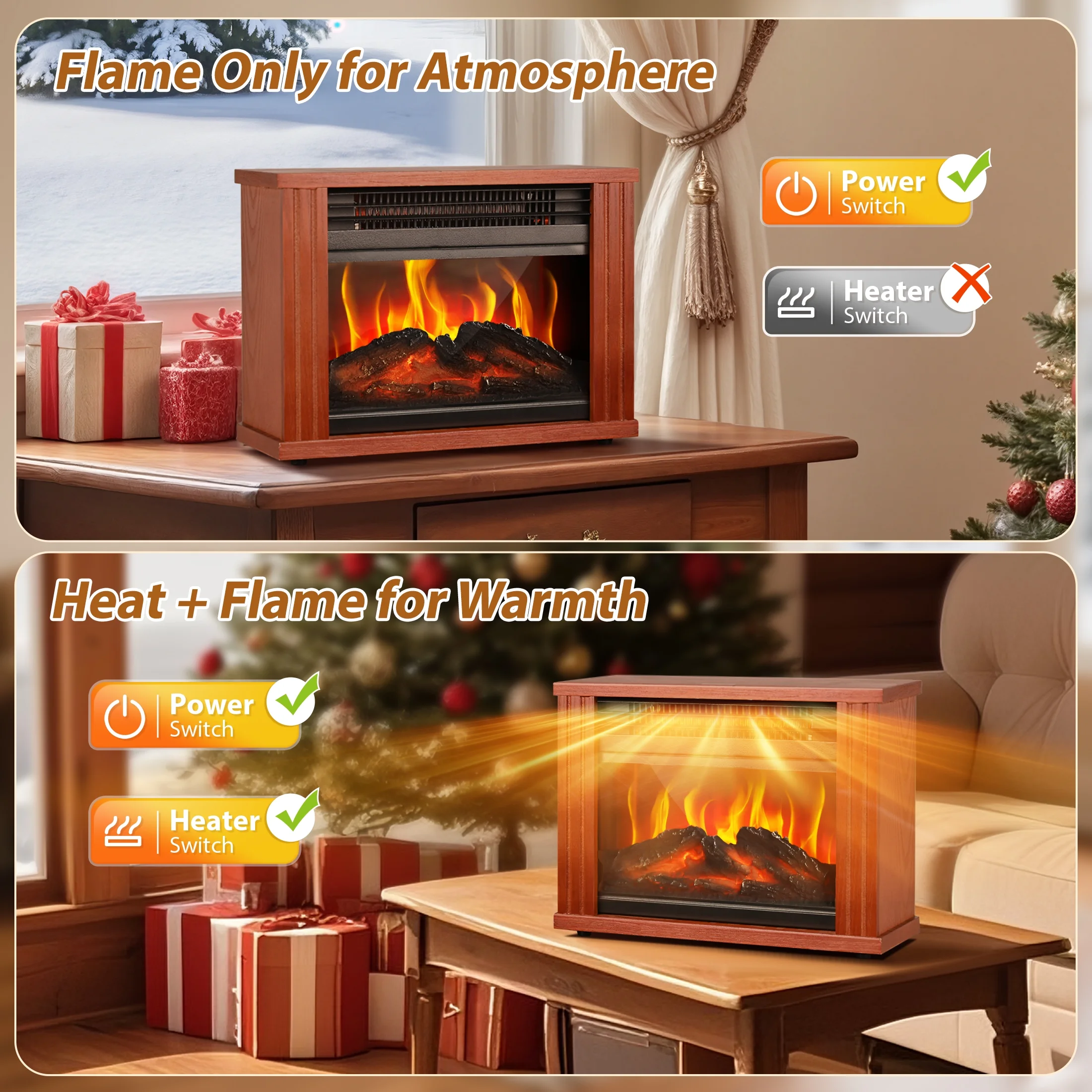 PRO CHOICE Electric Fireplace Freestanding Heater W/3D Flame Stove, Small Space Heater for Desktop Use